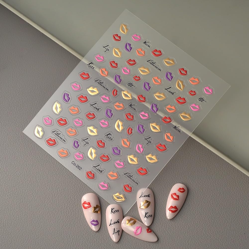 Lips Nail Art Stickers 5D Embossed Kiss Nail Stickers Self-Adhesive With Colorful Love Design Shiny Valentines Nail Decals Sprin