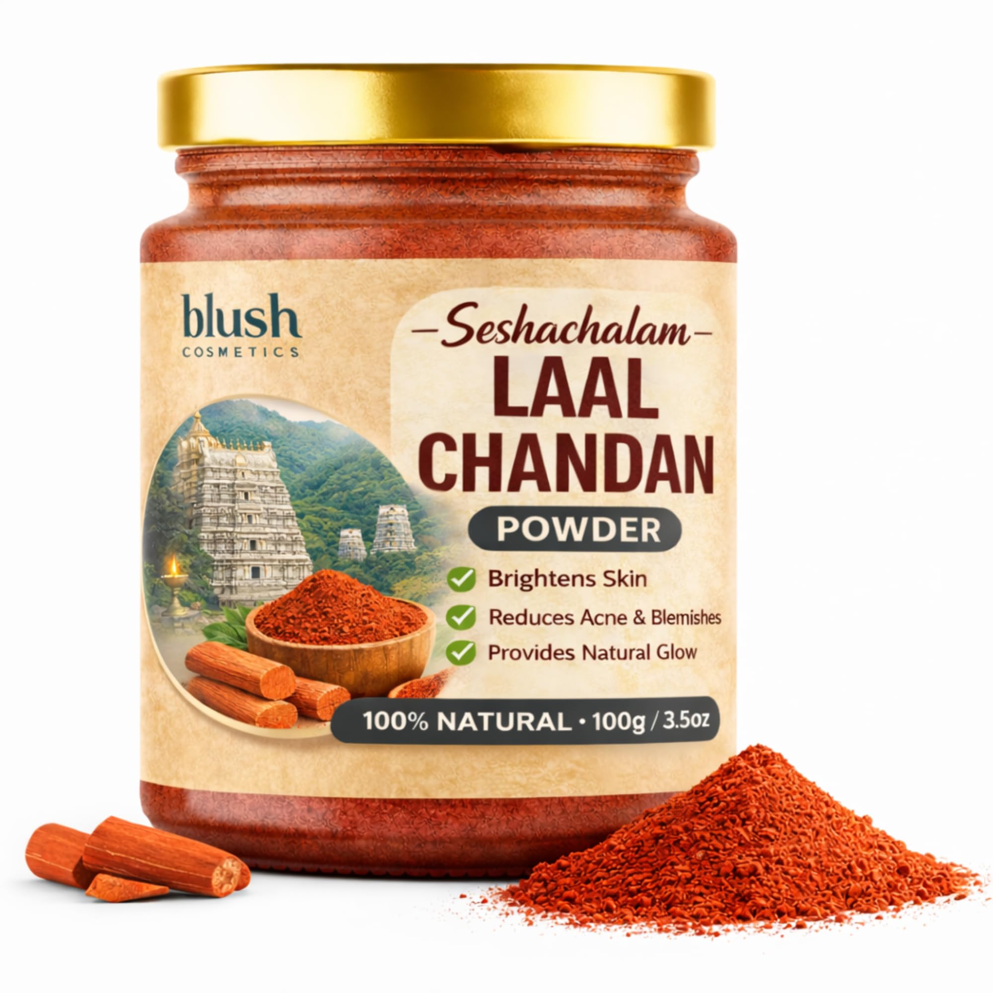 Blush Cosmetics Seshachalam Lal Chandan Powder 100G | Pure Rakta Chandan For Face Pack, Skin Brightening, Acne Marks & Tan Remov