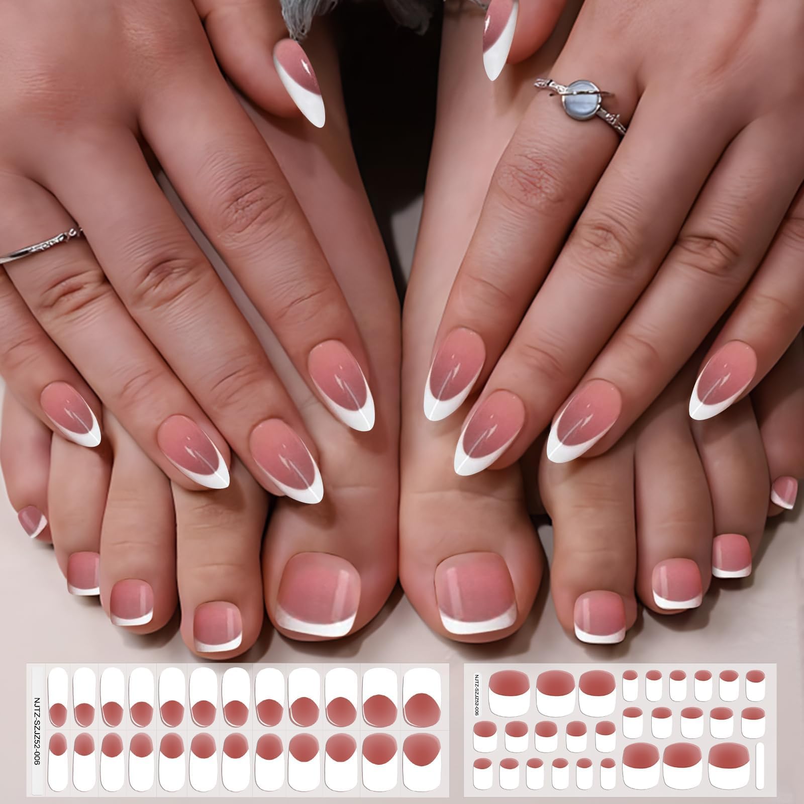 EBANKU 52Pcs Semi-Cured Gel Nail Strips Toes, Gel Nail Strips for Toes Real Gel Nail Polish Sticker, Long-Lasting French Manicur