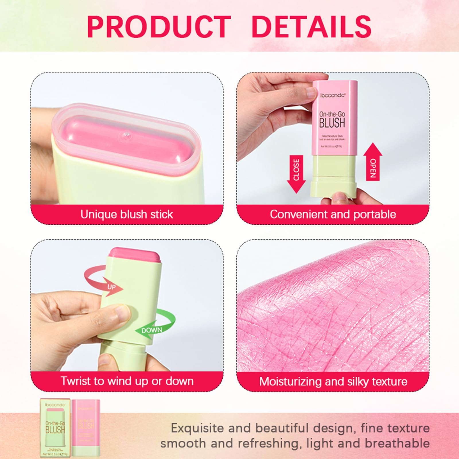 Meicoly Multi Use Makeup Blush Stick,On-The-Go 2-In-1 Lip Cheek Cream Blush Stick,Waterproof Solid Face Blush Makeup Cheek Tint,
