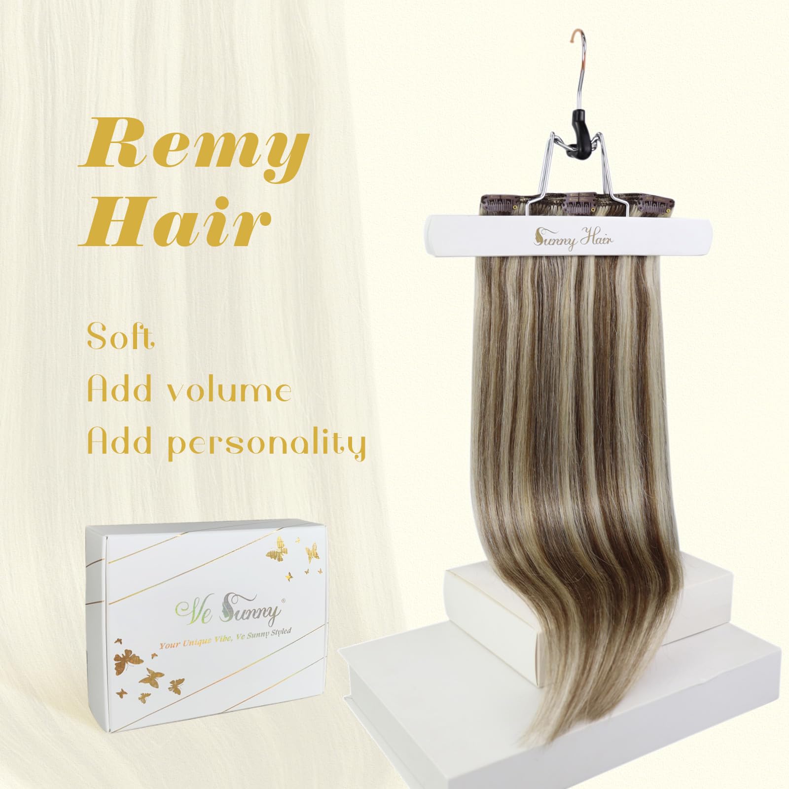 Ve Sunny Clip on Hair Extensions Human Hair Highlights Real Hair Clip in Extensions Light Brown with Platinum Blonde Highlights