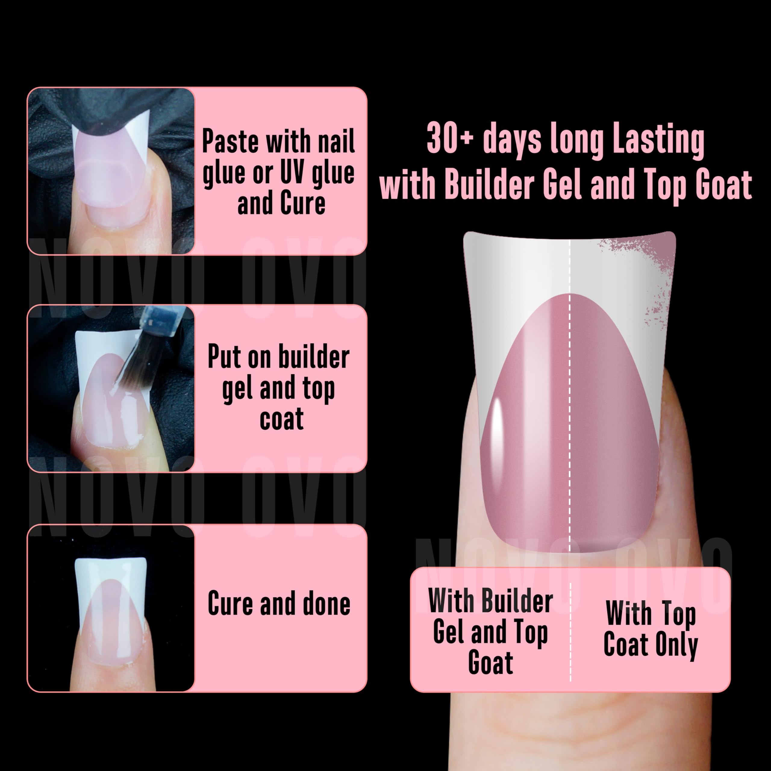 NOVO OVO White French Tip Short Duck Nail Tips Press on, BERRY PINK Pre-designed Soft Gel Nail Extension, Extra thick Full Cover