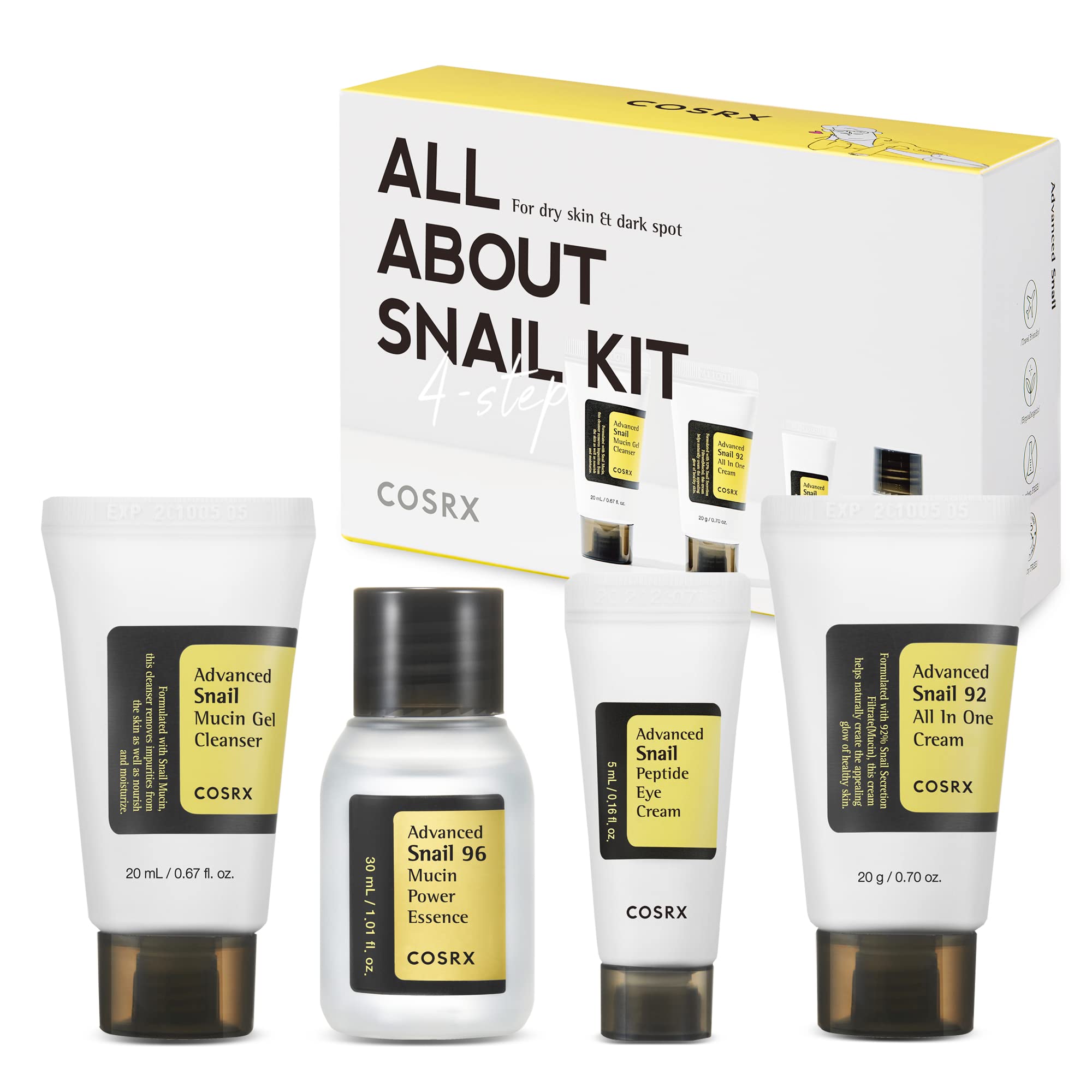 cOSRX All About Snail Korean Skincare  TSA Approved Travel Size, gift Set cleanser, Essence, cream, Eye-cream  Snail Mucin for R