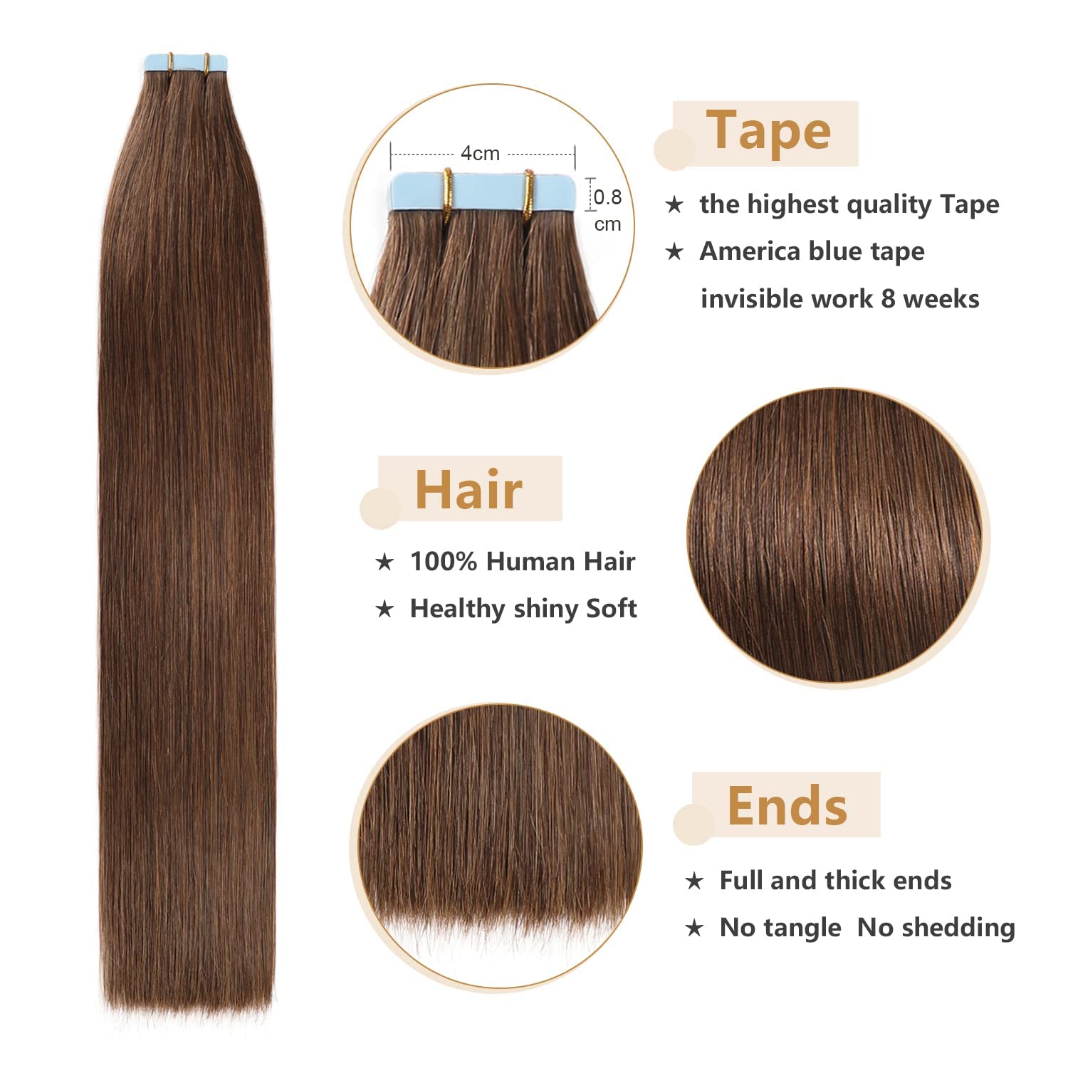 Yilite Tape In Human Hair Extensions #4 Medium Brown 26 Inches 20Pcs 60G Straight Tape In Hair Extensions Human Hair(26 Inch #4