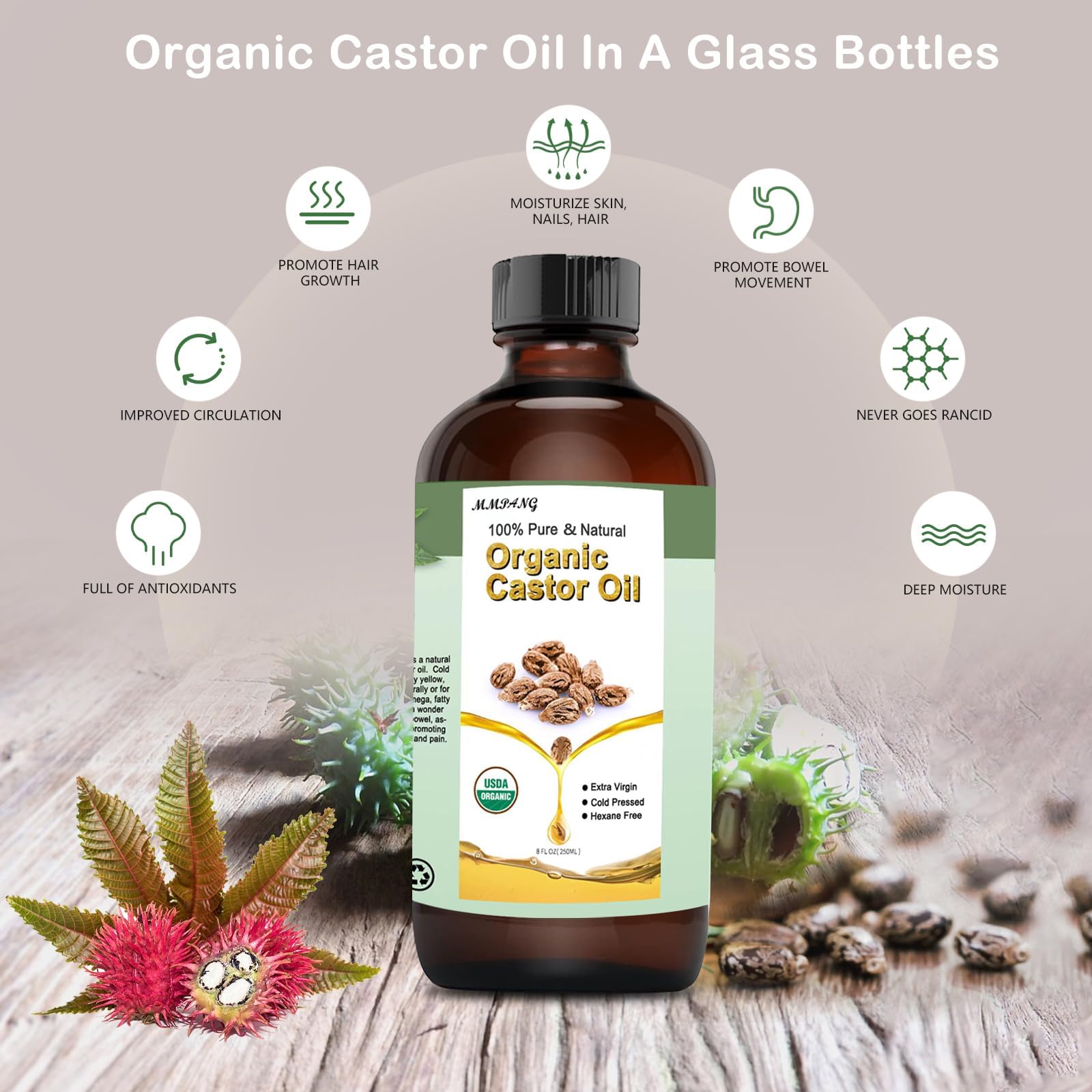 Mmpang Usda Certified Organic Castor Oil (8.45 Oz/250Ml) 100% Pure Natural, Cold-Pressed, Hexane Free, Unrefined Extra Virgin Ca