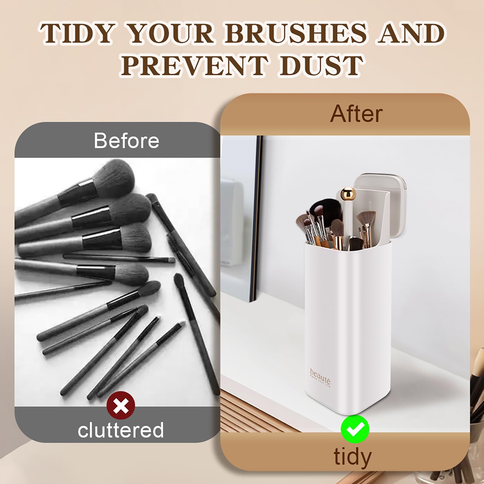 WANGDAWING Makeup Brush Holder with Lid, One Touch for Open, Automatic Lifting Waterproof Dustproof Make Up Organizer for Vanity