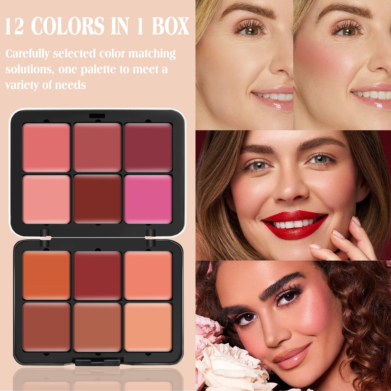 LSxia 12 Colors Blush Makeup Palette - Multi-functional, Waterproof, Matte Finish, Set #01, Includes Brush, Model LX1129-1