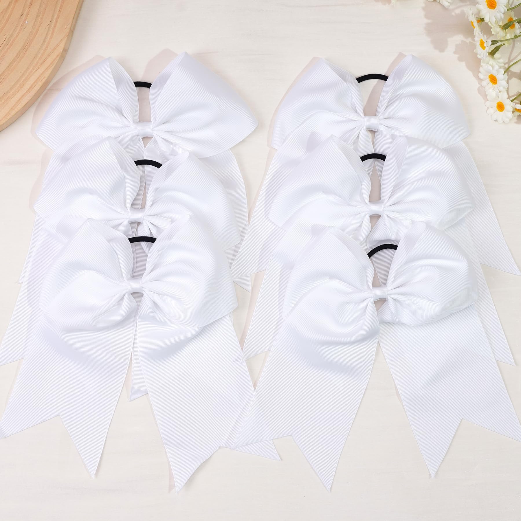 JOYOYO 6Pcs 8 Large Cheer Bows for Girls Ponytail Holder Black Grosgrain Ribbon Cheerleading Bows Elastic Hair Tie Bands for Bab