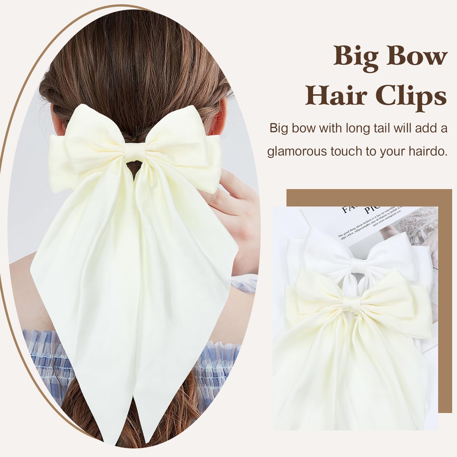 Cinaci 4 Pieces Large Big Oversized Satin Hair Bows With Long Tail French Barrettes Hair Clips Accessories For Women Girls Teens