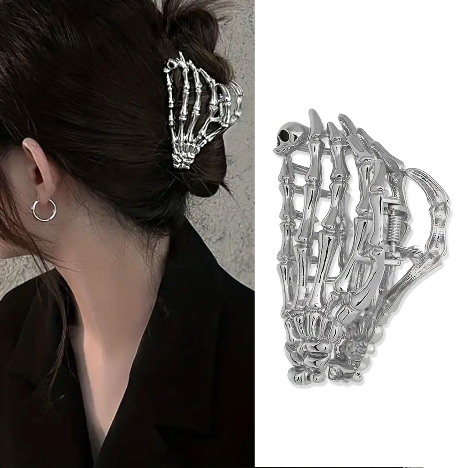 muumoo Metal Skull Hand Hair Clip, 1 piece, Silver, Punk-inspired Art, Skull Embellishment, Metal, Halloween, Hair Securing, Cla