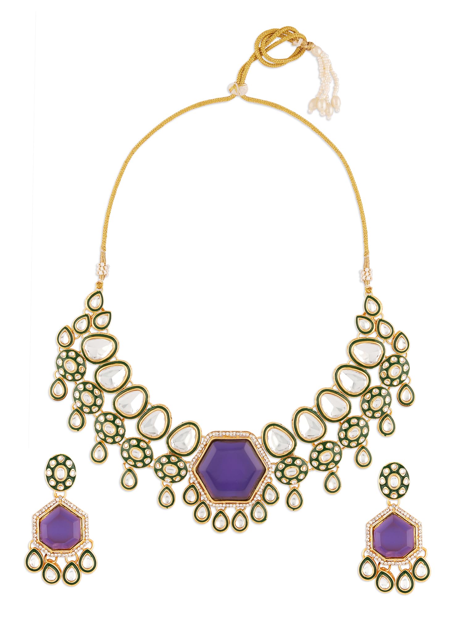Zaveri Pearls Purple Stone Green Meenakari Austrian Diamonds Necklace & Earring Set For WomenZpfk18962