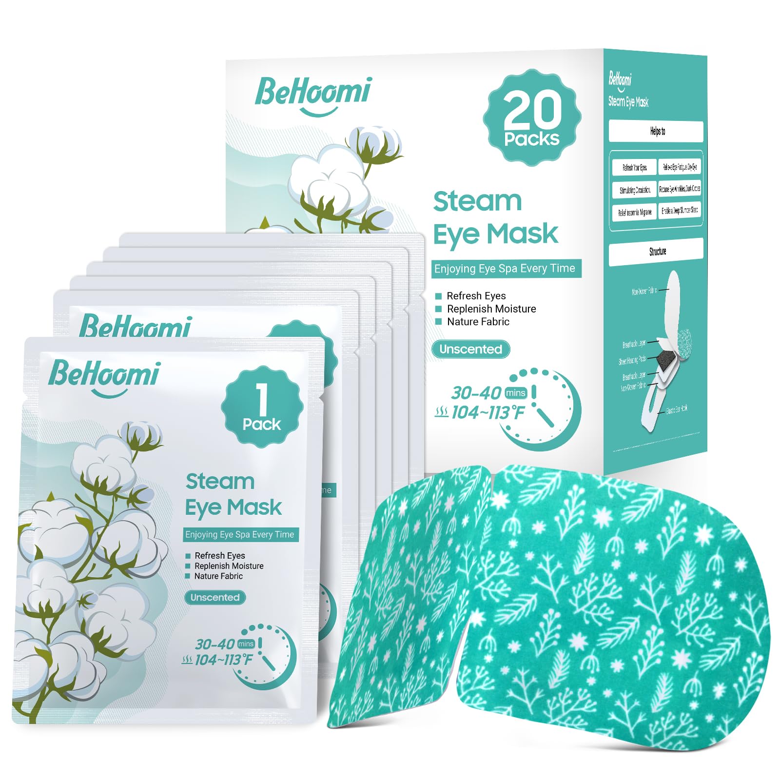 BeHoomi Heated Steam Eye Mask - 20 Packs, Unscented, Disposable Warm Compress for Relaxation & Travel Essentials