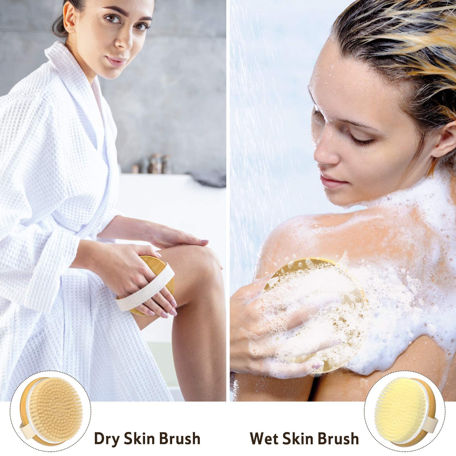Metene 2 Pack Bamboo Dry Body Brushes, Shower Brush Wet And Dry Brushing, Dry Brush For Cellulite And Lymphatic, Body Scrubber W