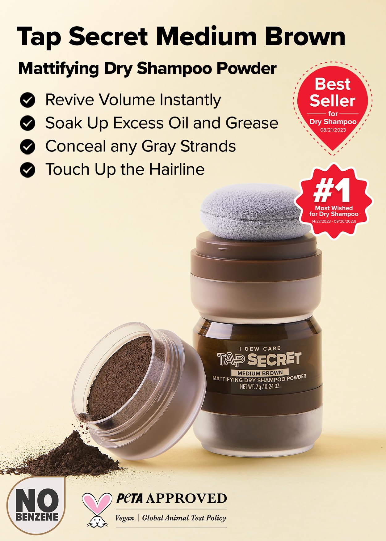 I Dew Care Dry Shampoo Powder - Tap Secret Medium Brown | With Betaine, Black Ginseng, Non-Aerosol, Benzene-Free, Mattifying Roo
