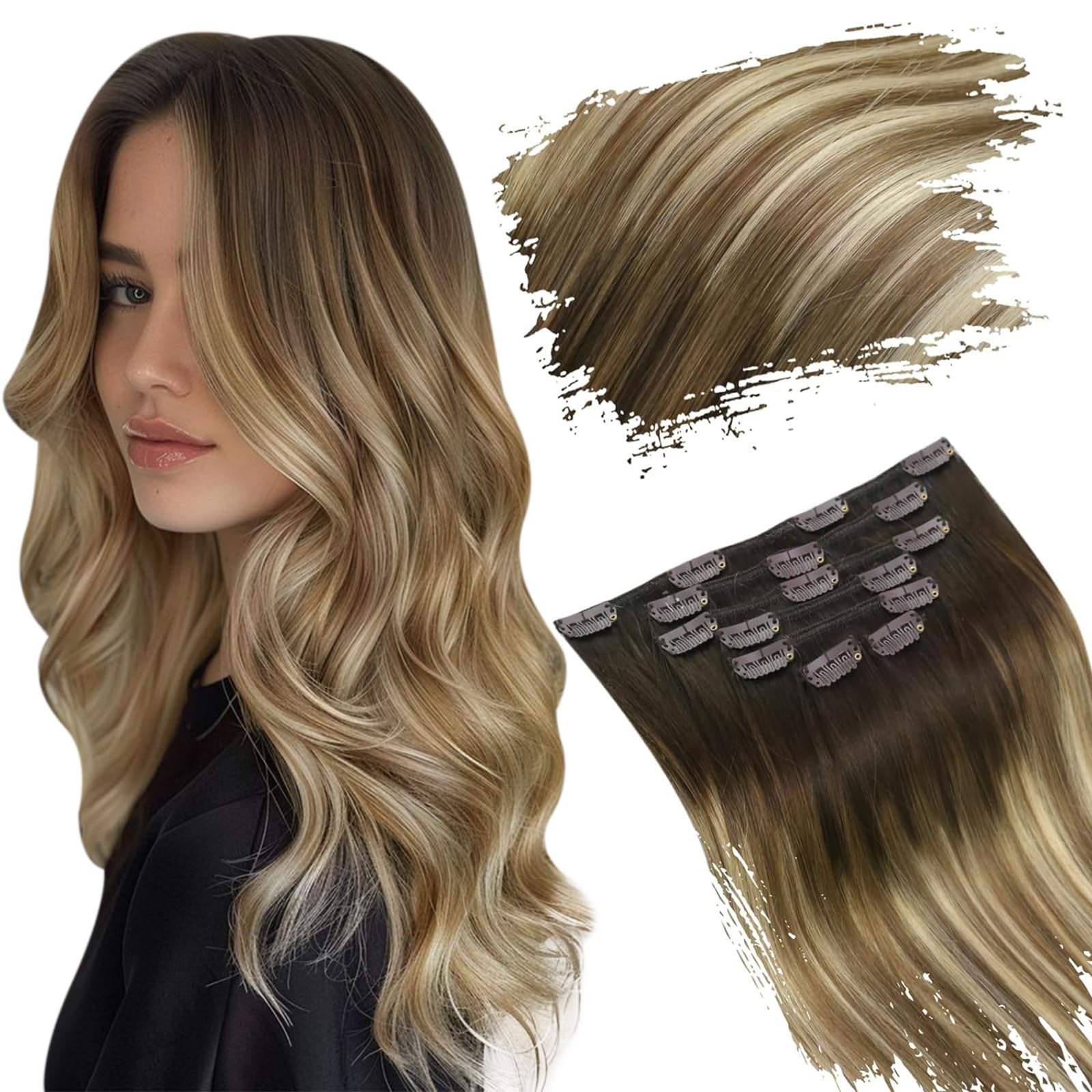 Ugeat 20 Inch Clip In Hair Extensions #4/6/613 Balayage Brown And Blonde Hair Extensions Clip In Human Hair 120 Grams 8Pcs Blond