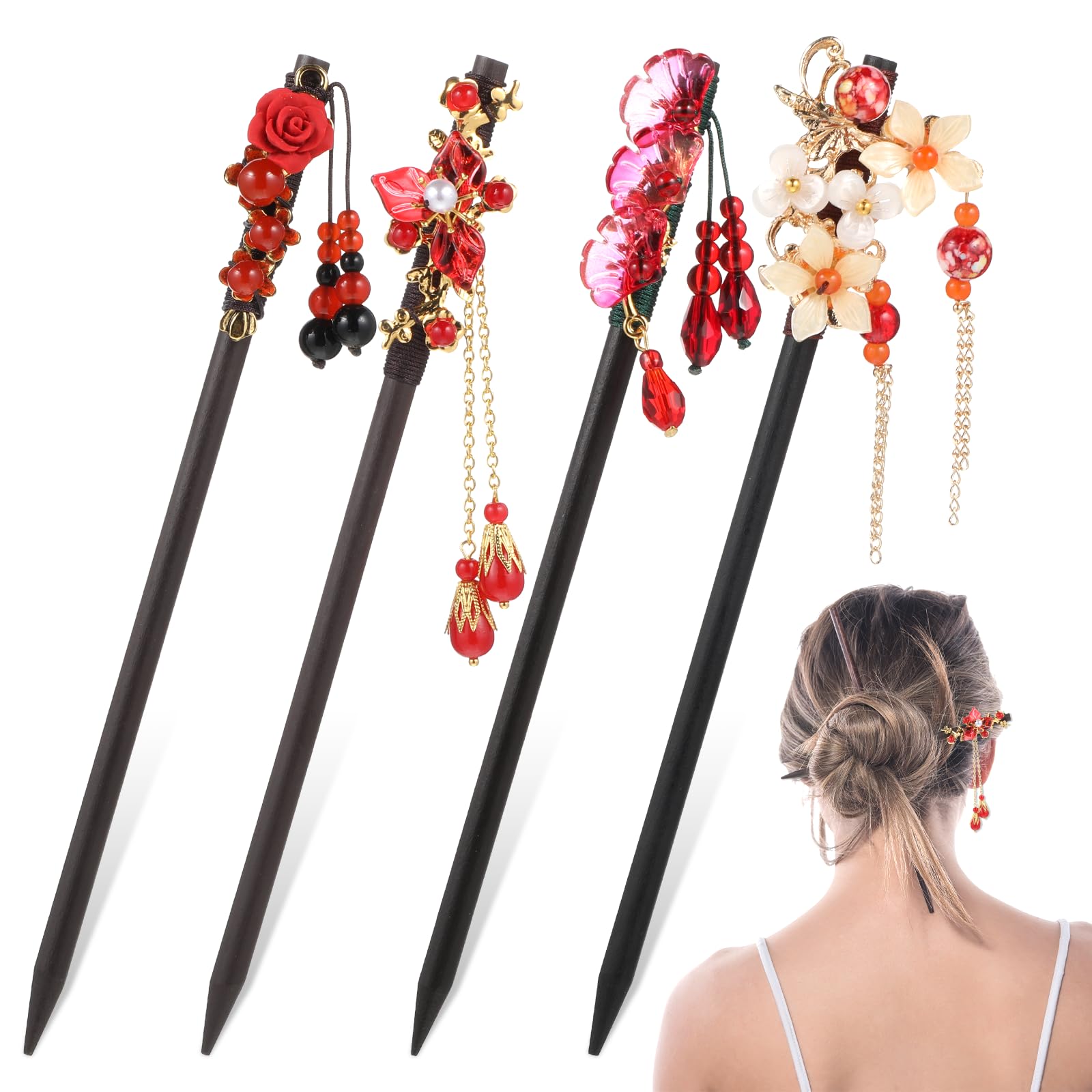 4pack Hair Chopsticks, Hair Stick for Women, Wooden Handmade Retro Hairpins