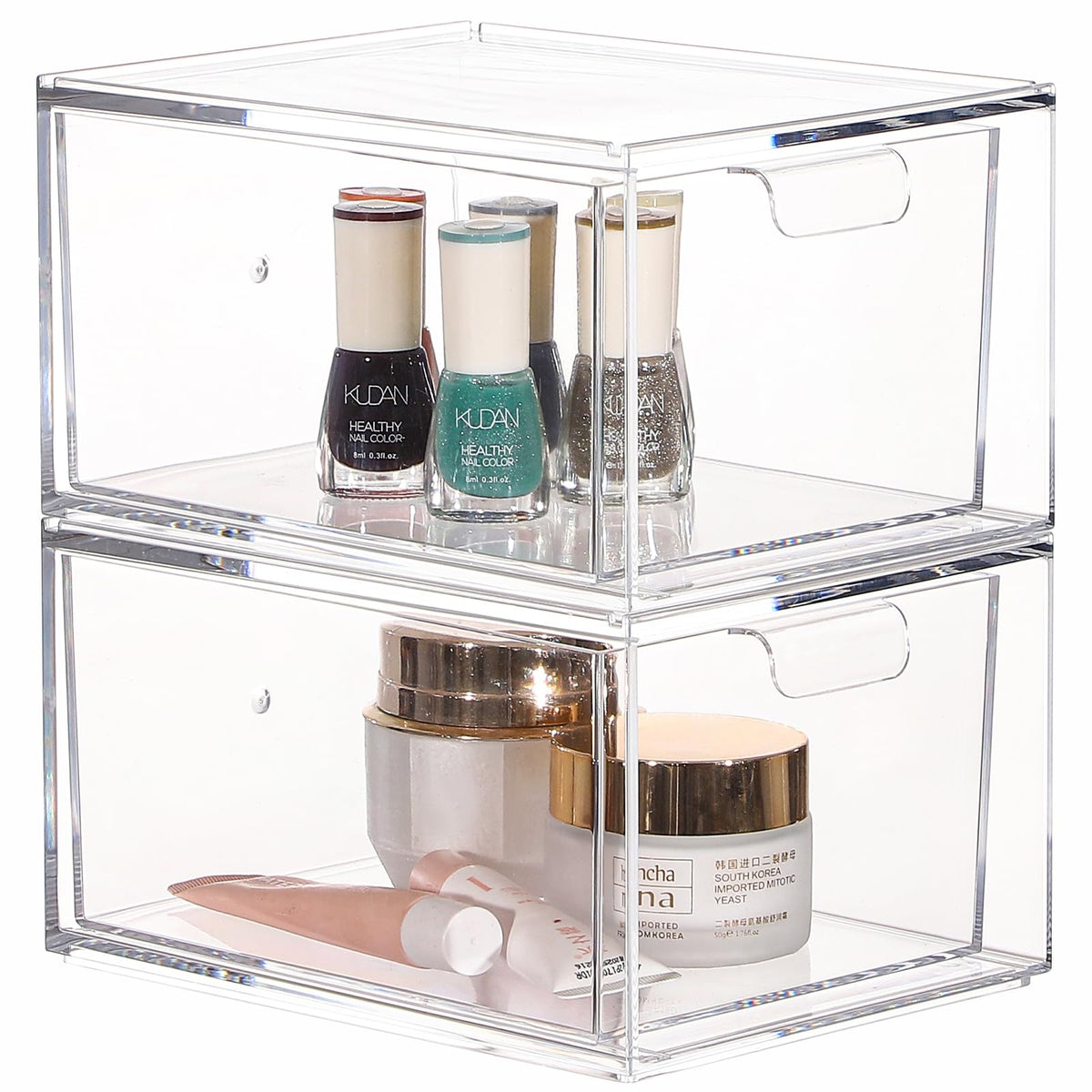 Cq acrylic Stackable Storage Drawers Set of 2,Under Cabinet Stackable Bins and Pull out Drawers Storage Container,4.4'' Tall Cle