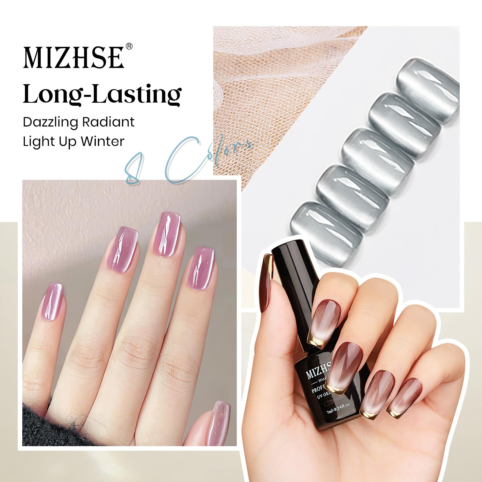 Mizhse Cat Eye Gel Nail Polish, 8 Colors Ceramic Magnetic Gel Polish Set With Magnet Stick, Crystal Shimmer Silver Brown Green P
