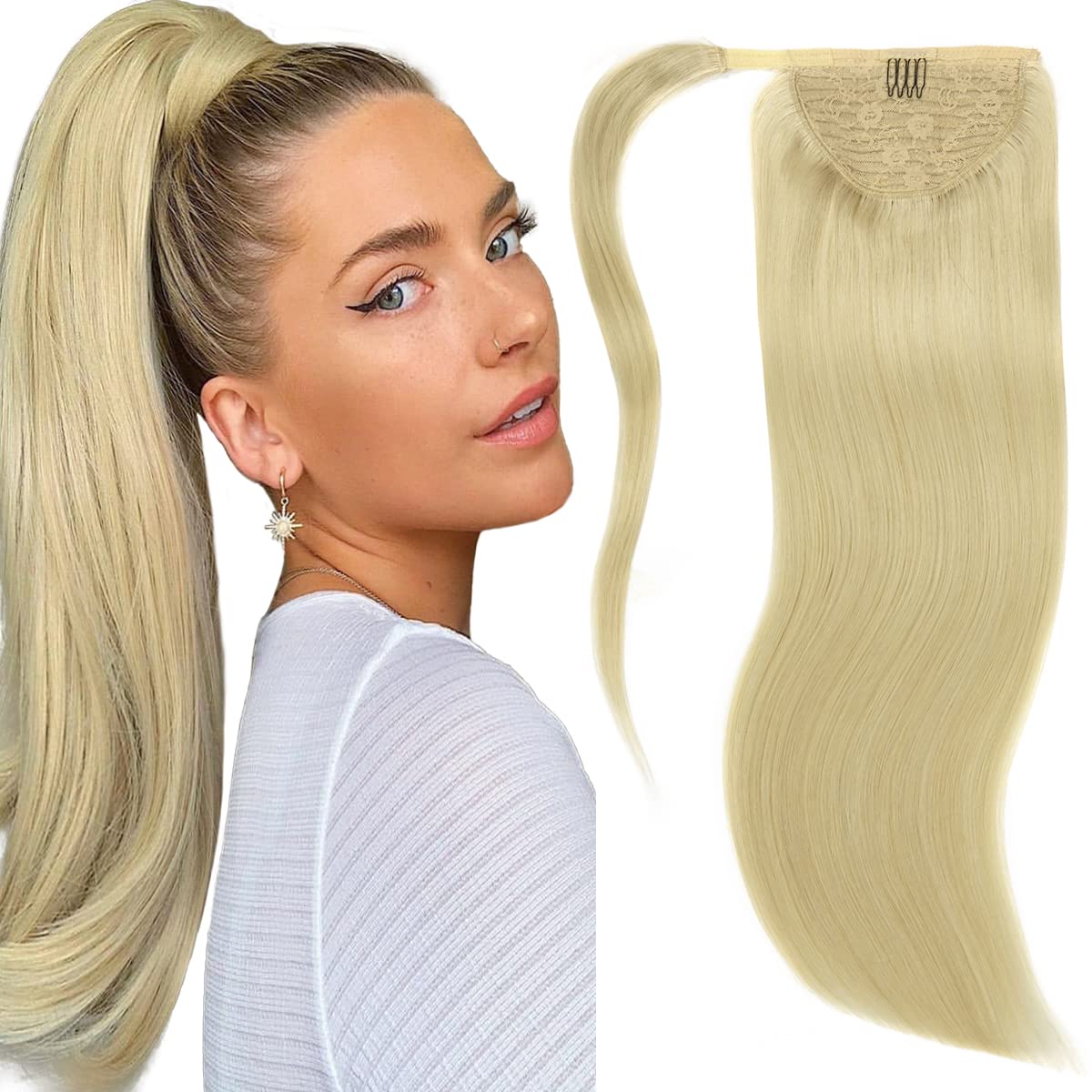 Lacer Wrap Around Ponytail Extension Human Hair Platinum Blonde Real Hair Ponytail Extension One Piece SIlky Straight 70 Grams 1