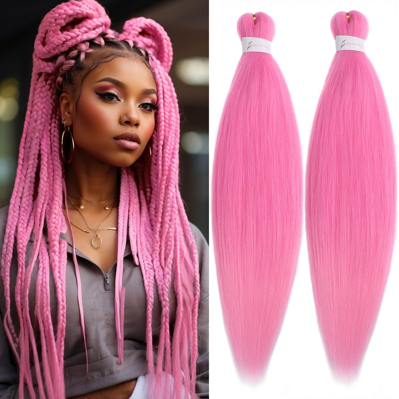 Unionbeauty 2 Packs Pre Stretched Braiding Hair 26 Inch Pink Braiding Hair Synthetic Braiding Hair Hot Water Setting Crochet Hai