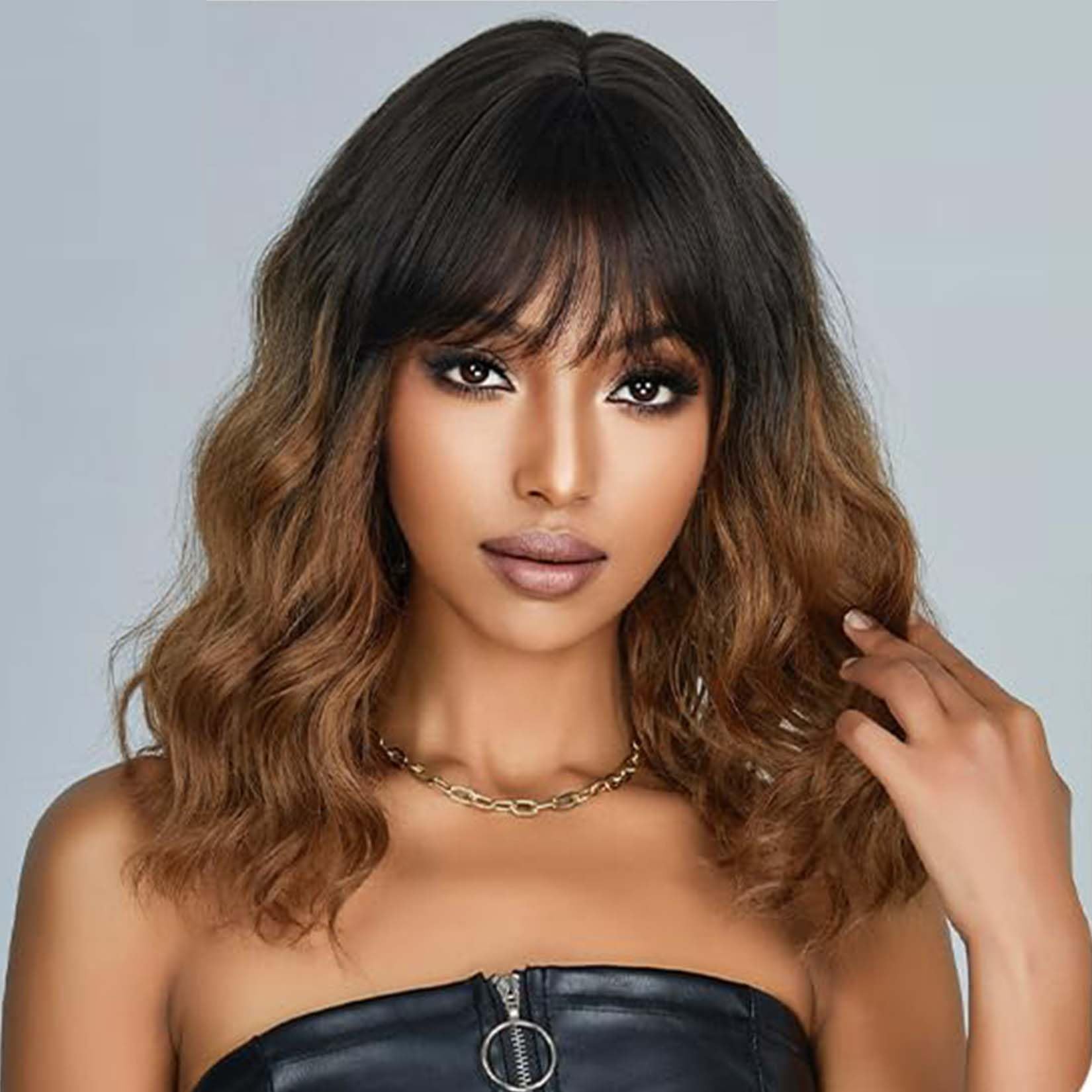 andromeda Ombre Brown Wig with Bangs Soft Short Bob Wigs for Women Synthetic Shoulder Length Women's Wavy Wigs for Halloween Cos