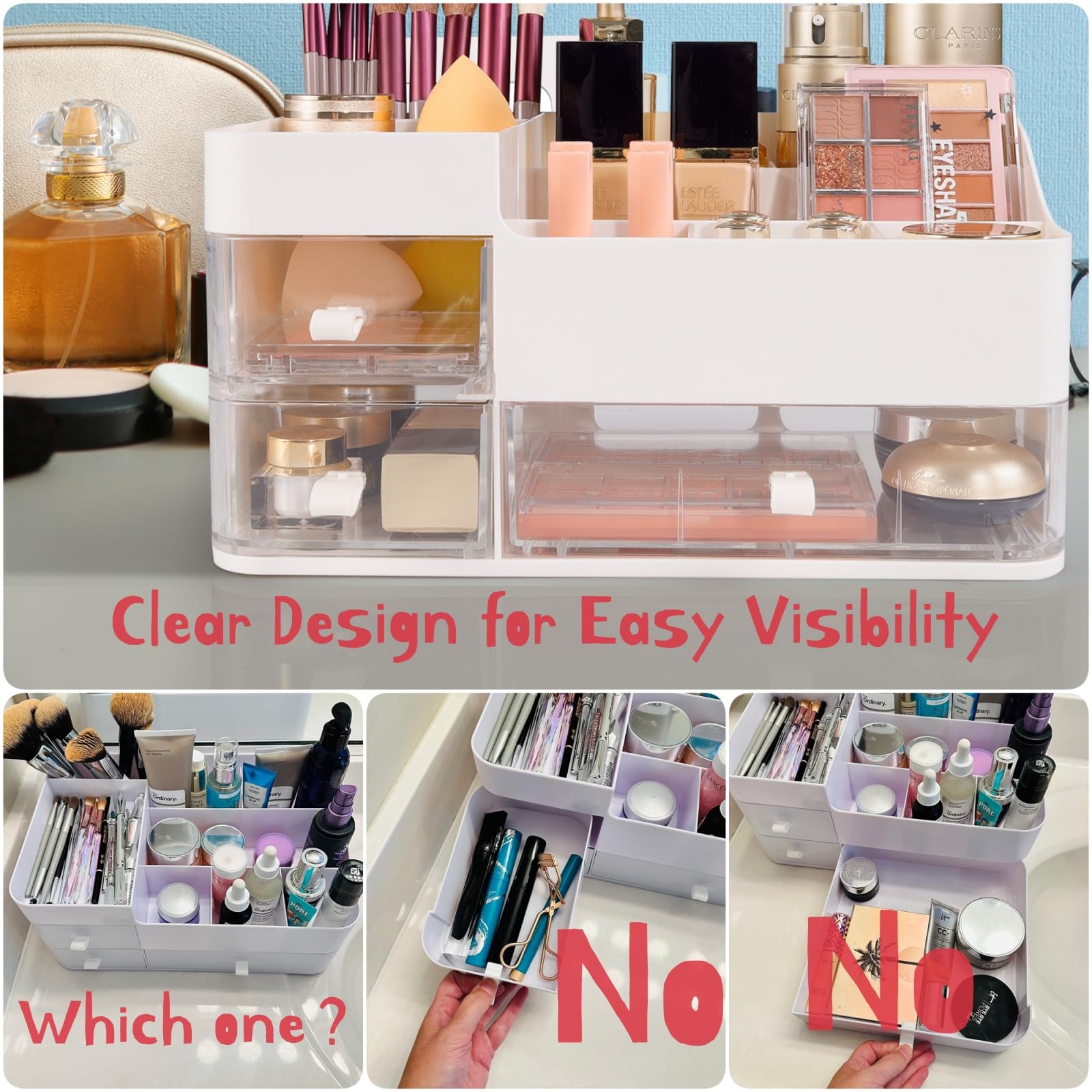 Make Up Organizer For Vanity, Cosmetics Skincare Organizers With Clear Drawers. Ideal Vanity Holder For Desk And Dresser Counter