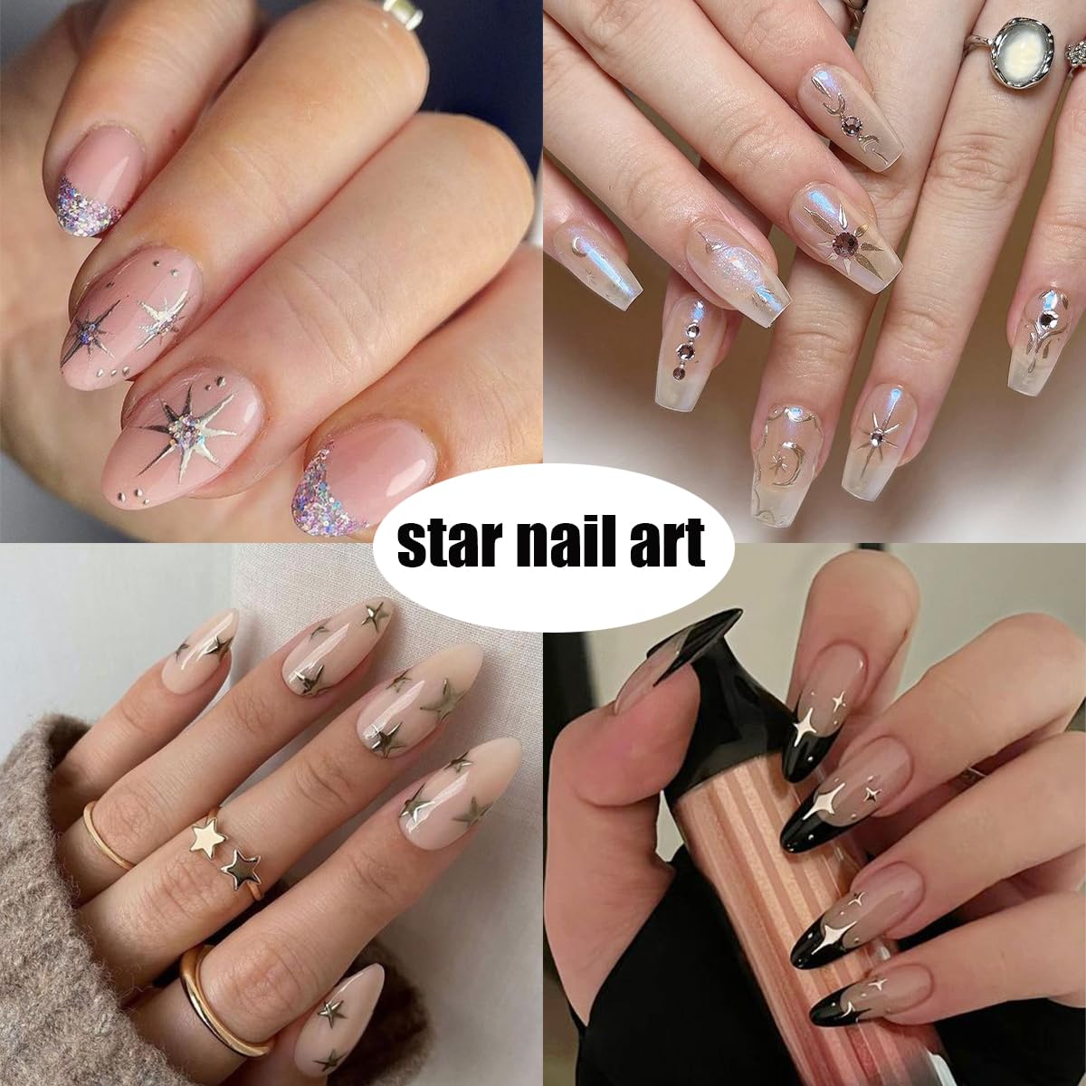 6 Sheets Shiny Star Nail Stickers For Nail Art 3D Glitter Gold Silver Star Luxury Rhinestones Nail Design Stickers Black White S