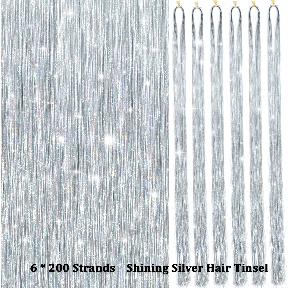 Hair Tinsel Kit With Tools 47Inch 1200 Strands glitter Tinsel Hair Extensions Sparkling Shiny Hair Tinsel Strands Kit Heat Resis