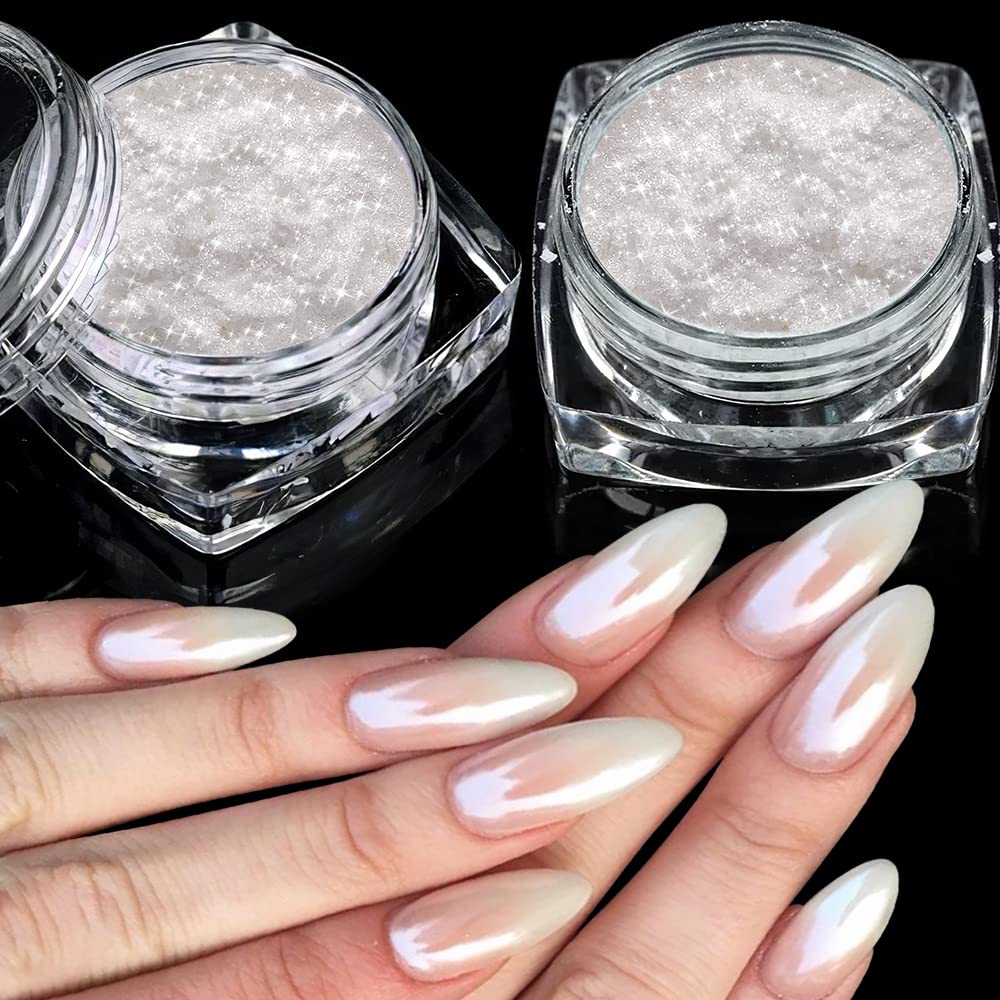 2 Boxes White Pearl Chrome Nail Powder - Transparent Clear Ice Shimmer Chrome Pigment Powder for Nails, Inspired Nails Mirror Ef