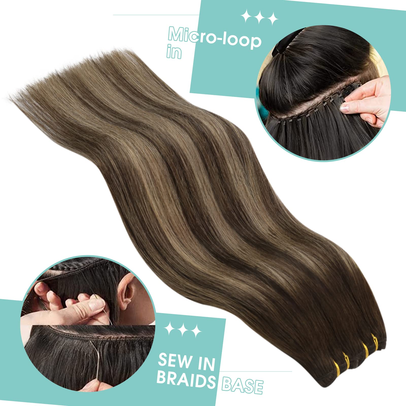 Youngsee 130G Weft Hair Extensions 24 Inch Balayage Sew In Human Hair Extensions Dark Brown Fading To Caramel Blonde Mix Brown B