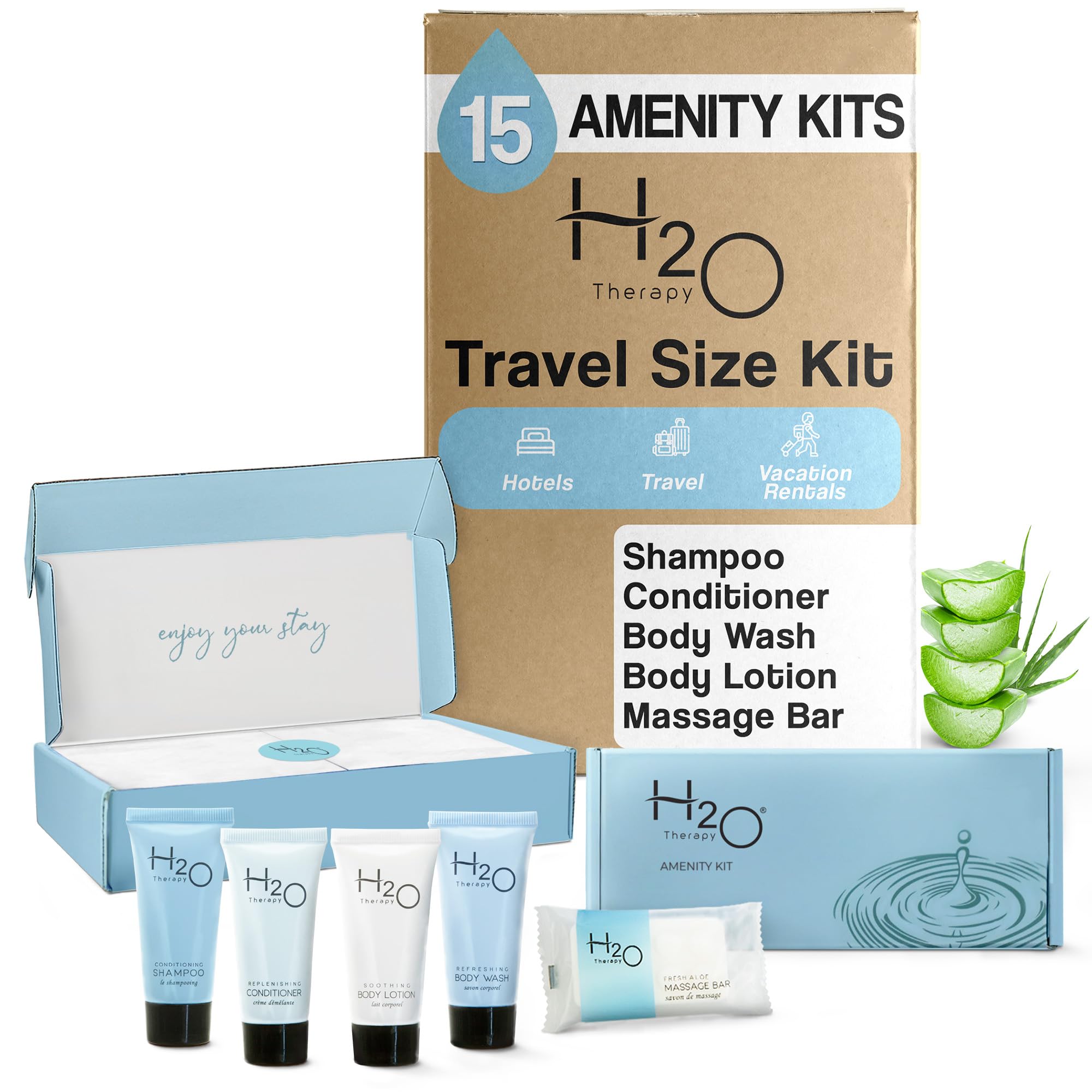 H2O Therapy Amenity Kit | Boxed Hotel Toiletries | Bulk Set .85 Oz Travel Size Shampoo, Conditioner, Lotion, Body Wash & Body Ba