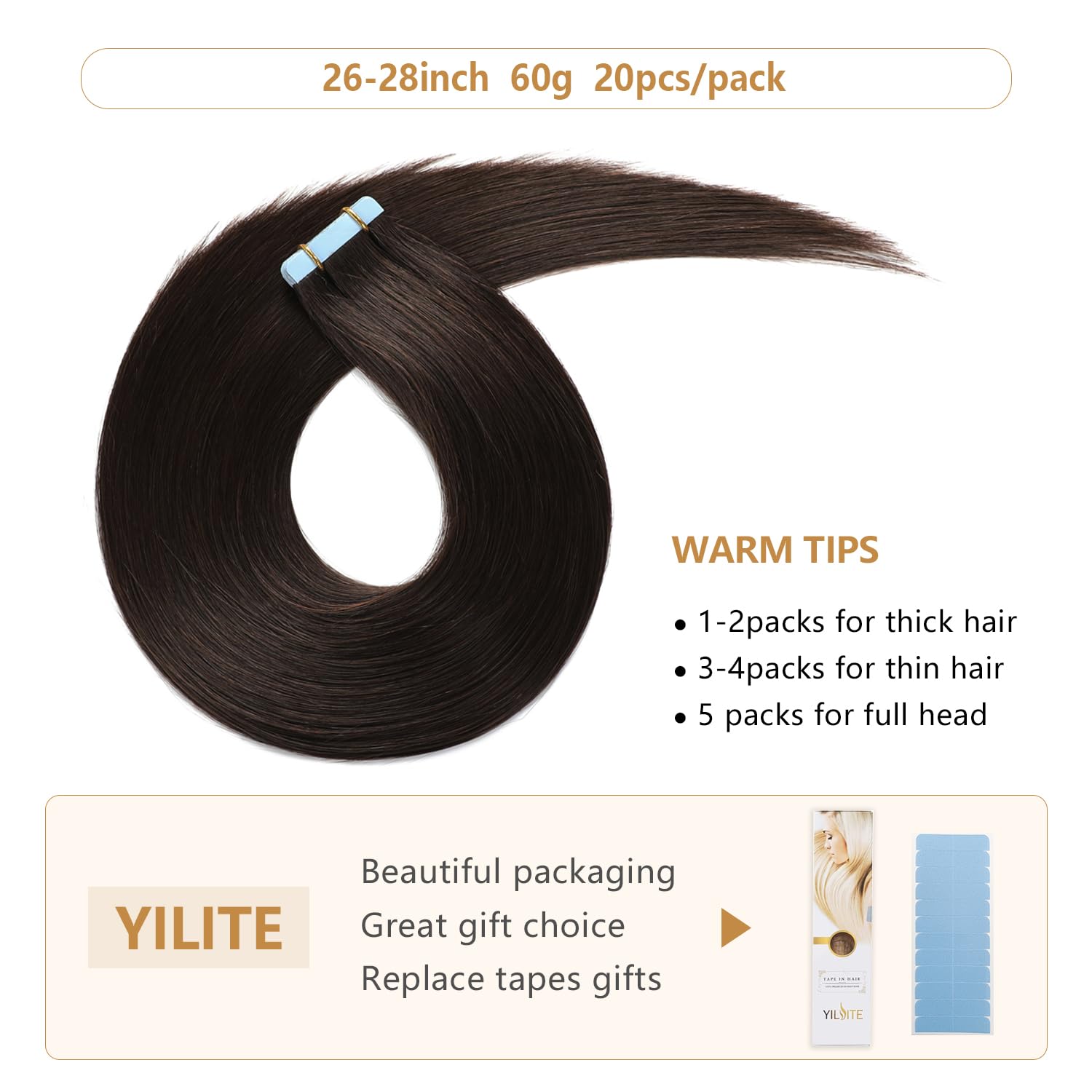 Yilite 28Inch Off Black Tape In Hair Extensions Human Hair #1B 20Pcs 60G/Pack Straight Tape In Human Hair Extensions,Seamless Sk