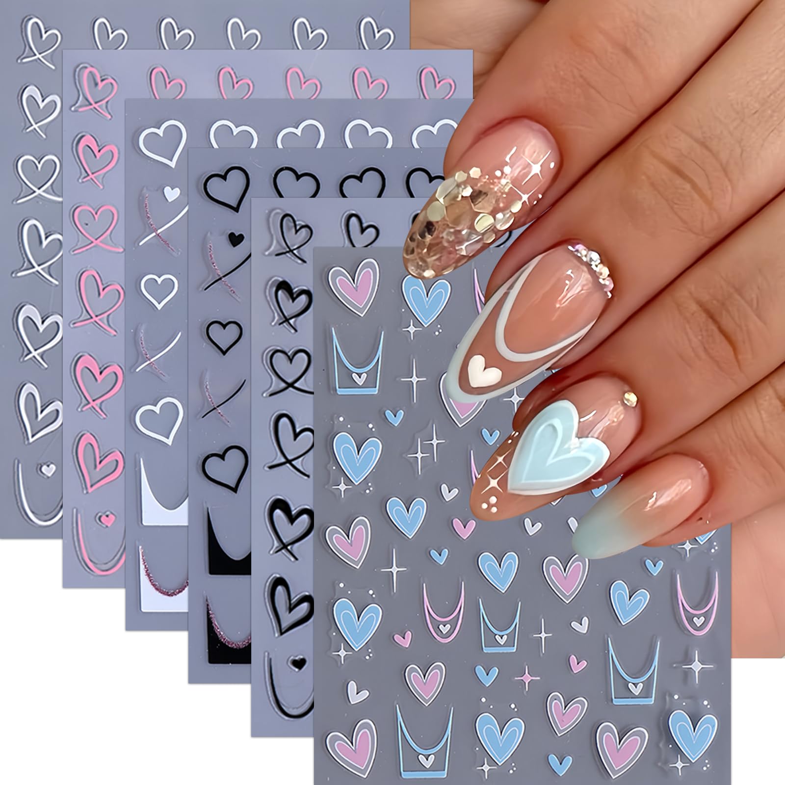 6 Sheets Valentine's Day Heart Nail Stickers for Nail Art 3D Self Adhesive Blue Pink Heart Nail Art Stickers Black White Pink Lo
