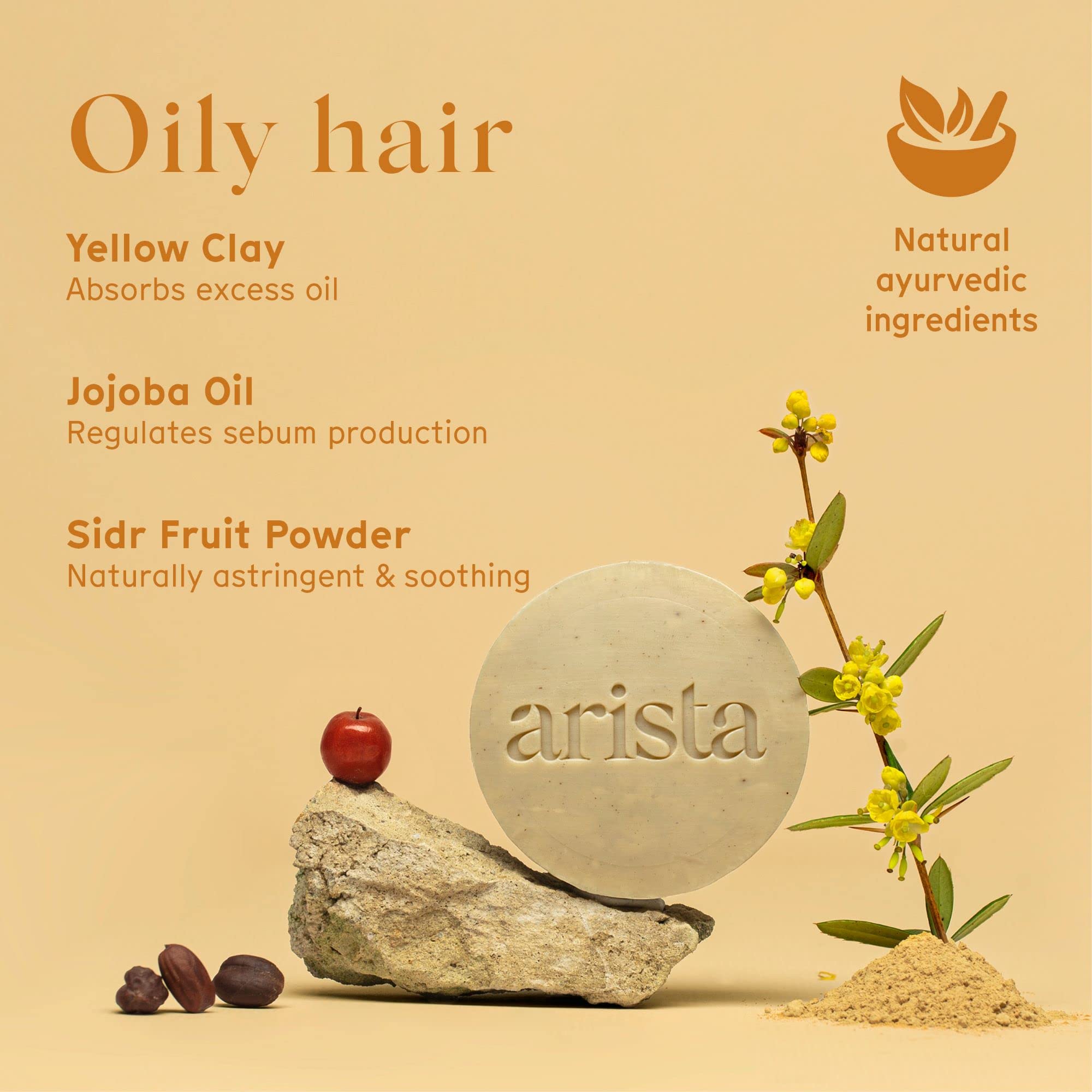 Arista Shampoo for Oily Hair | Travel Shampoo Bar | Yellow Clay, Sidr Fruit Powder & Jojoba Shampoo | Oily Hair Shampoo | Sulfat