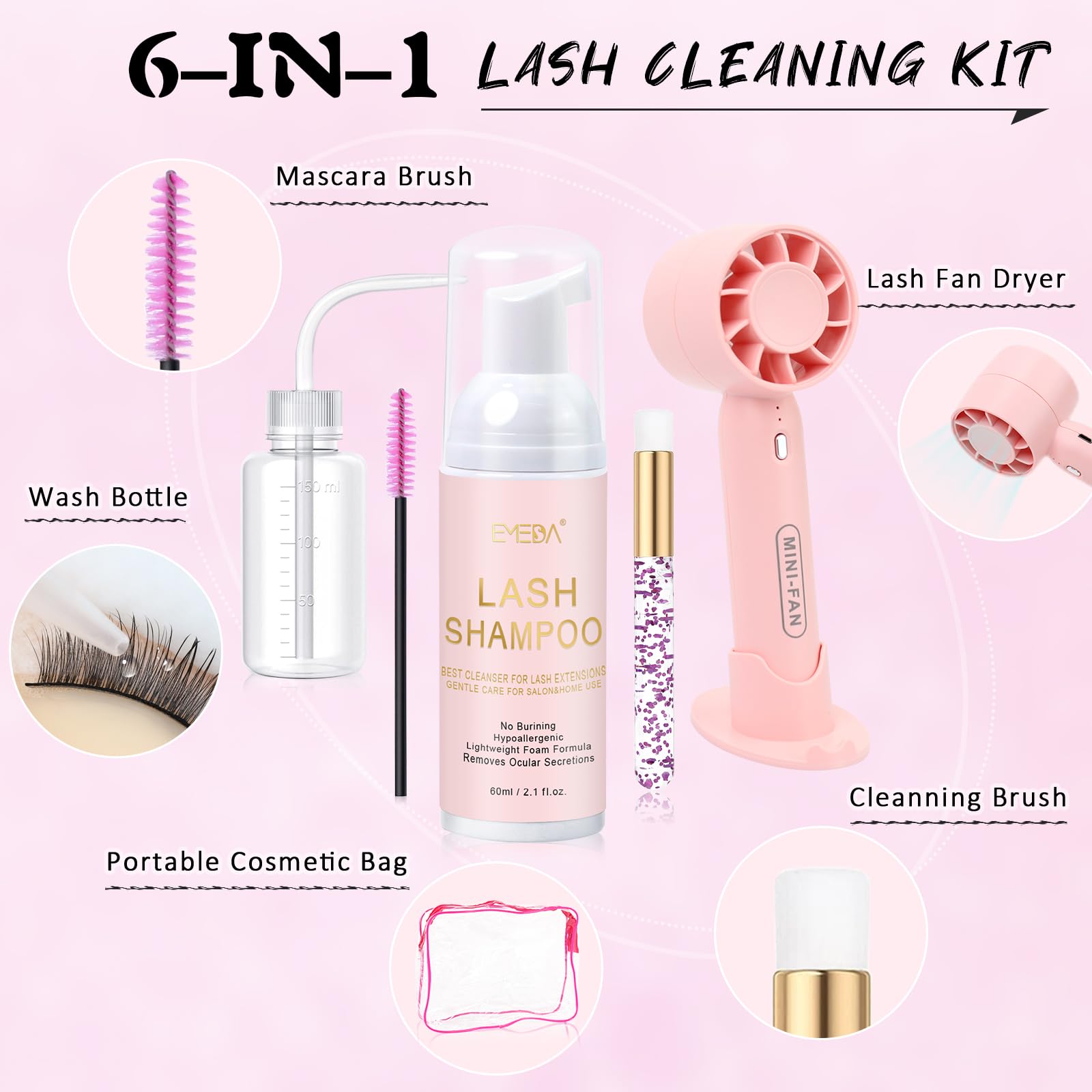 EMEDA Lash Shampoo Kit 2.02 fl oz Lash Cleaning Kit with Rechargeable Fan Dryer/Brush/Rinse Bottle, Oil-free Cleanser Wash for E