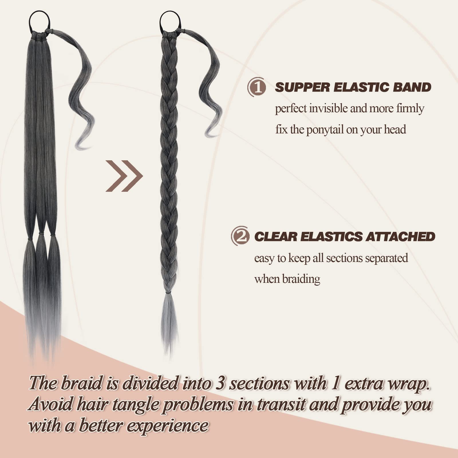 Barsdar 34 Inch Long Braided Ponytail Extension With Hair Tie - Straight Sleek Wrap Around Ombre Grey Braided Ponytail Hair Exte