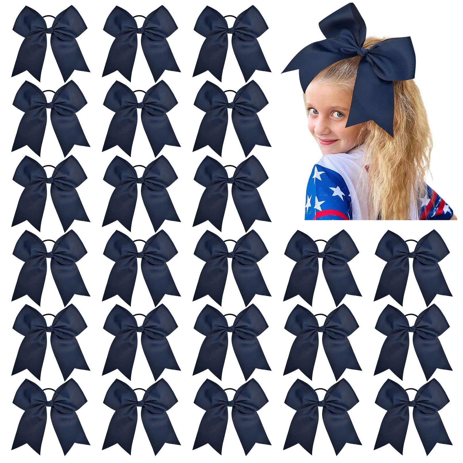24 PCS 8'' Large Cheer Bows Navy Blue Girl Hair Bows Cheerleading Softball Team Bow Hair Accessories for cheerleaders football C