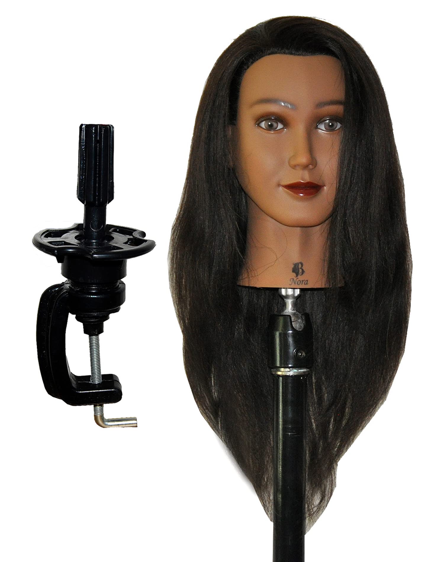 Bellrino 24 100% Human Hair Cosmetology Mannequin Manikin Training Head with Clamp (24 ETHNIC SKIN ((NORA+NEW))