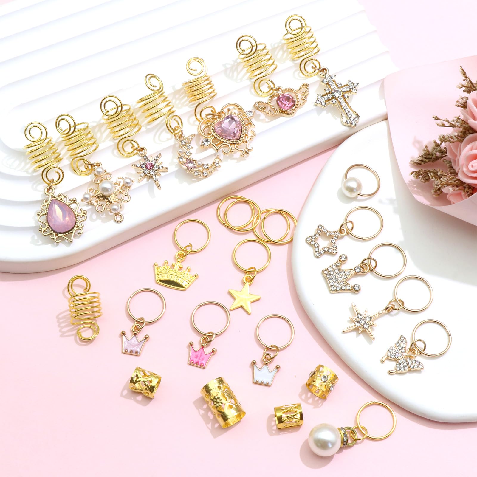 NAISKA 156Pcs Pink Crystal Loc Dreadlocks Jewelry Gold Hair Jewelry for Braids Multi Shape Crown Pearls Hair Decoration Hair Coi