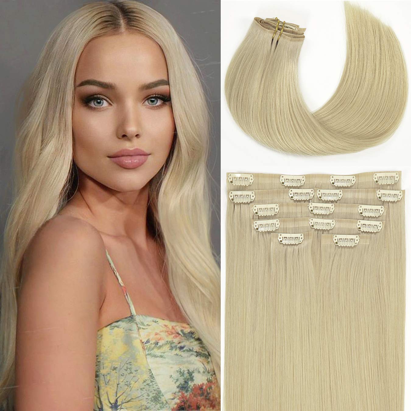Seamless Hair Extensions Clip in Human Hair Loxxy Clip in Hair Extensions 18Inch Human Hair Clip in Extensions #60A Light Platin