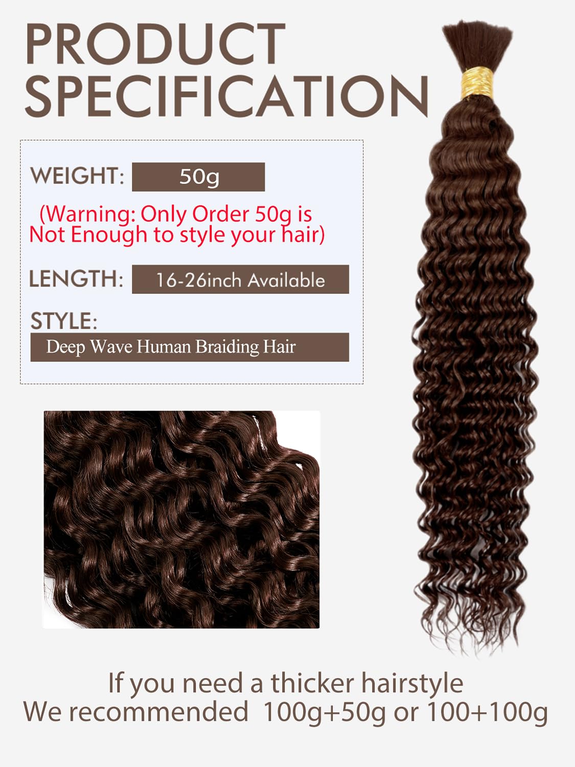 1 Bundle 50G 18 Inch Chocolate Brown Braiding Hair Deep Water Wave Bulk Human Hair For Braiding Brazilian Virgin Curly Human Hai