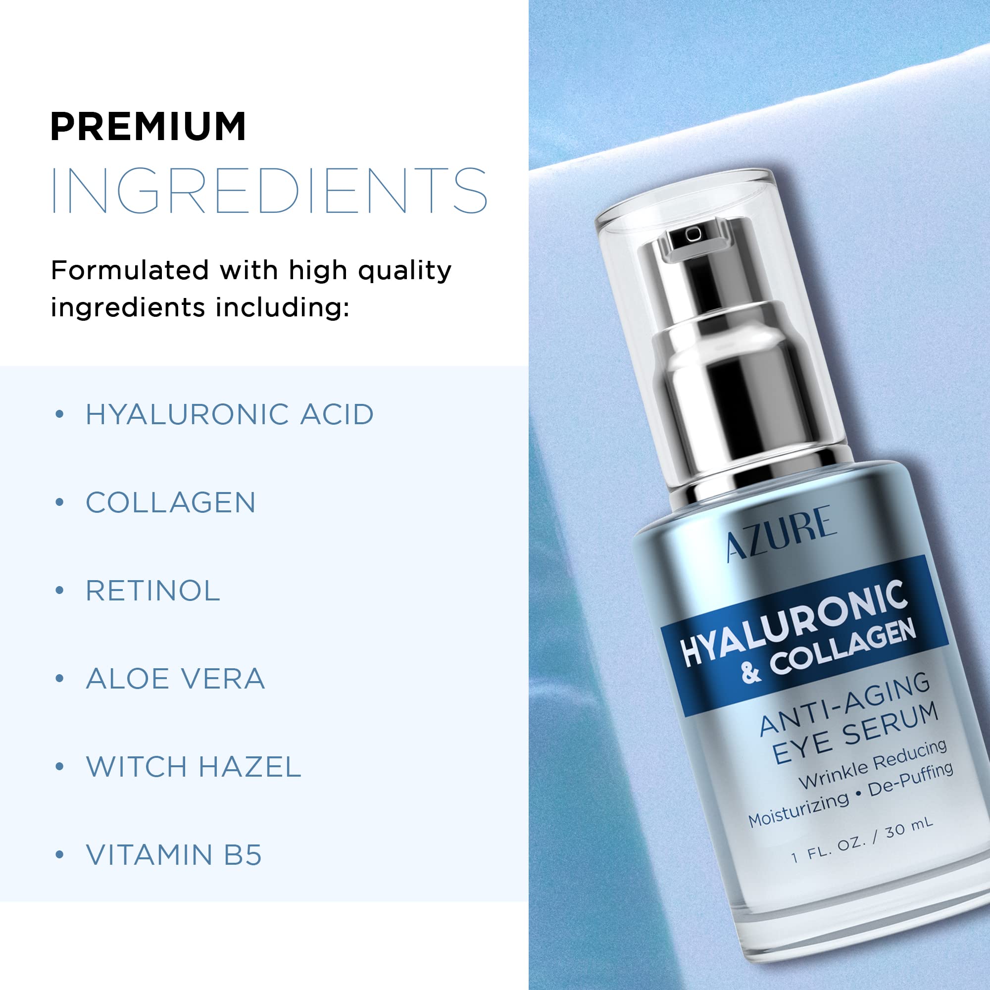 Azure Hyaluronic & Collagen Anti Aging Eye Serum - Moisturizing, Replenishing & De-Puffing | Reduces Wrinkles, Fine Lines & Unde