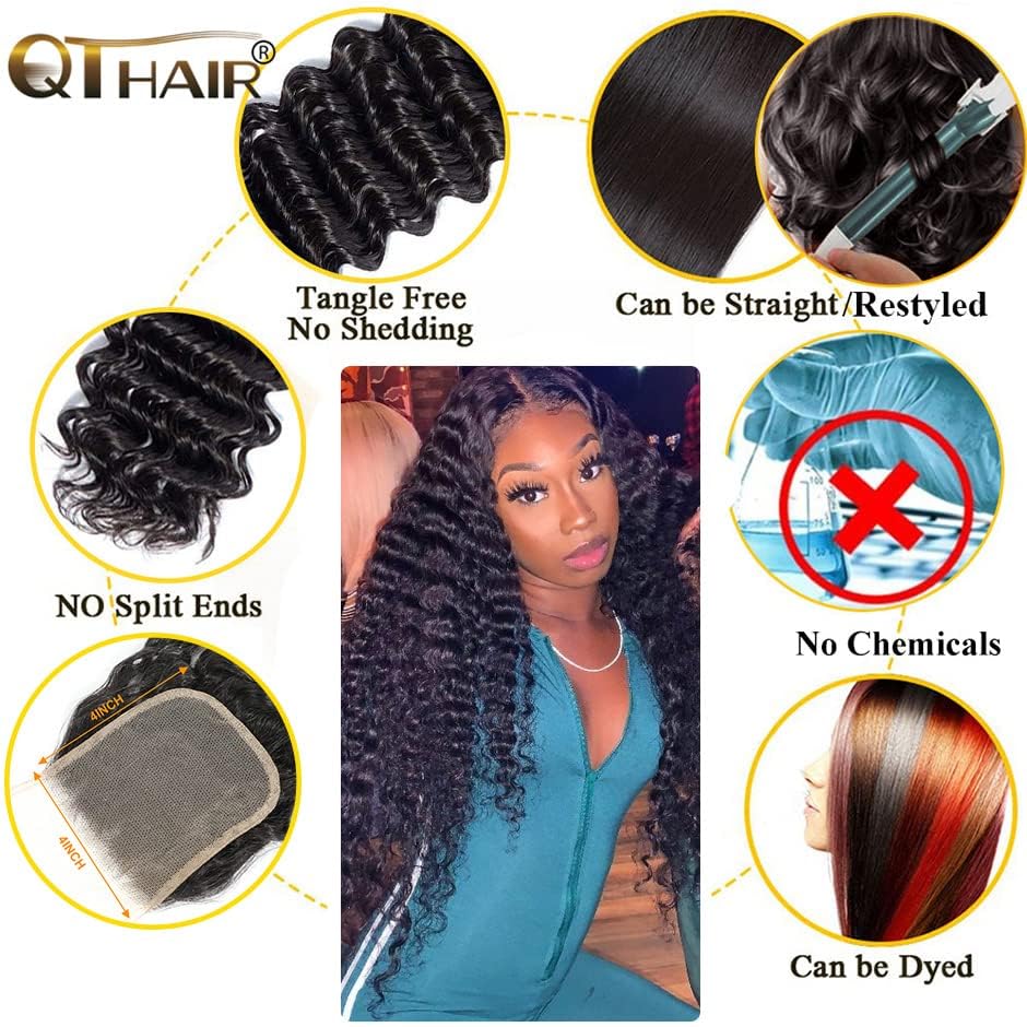 Qthair 14A Grade Brazilian Deep Wave Human Hair Closure 100% Unprocessed Brazilian Virgin Hair Deep Curly Hair (12'', 4X4 Closur