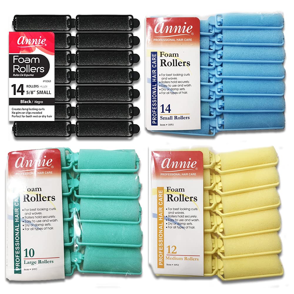 Annie- Salon Style Small Foam Hair Rollers - (5/8) Black - (14) Piece Set - Soft Heat-less Hair Curling Tools
