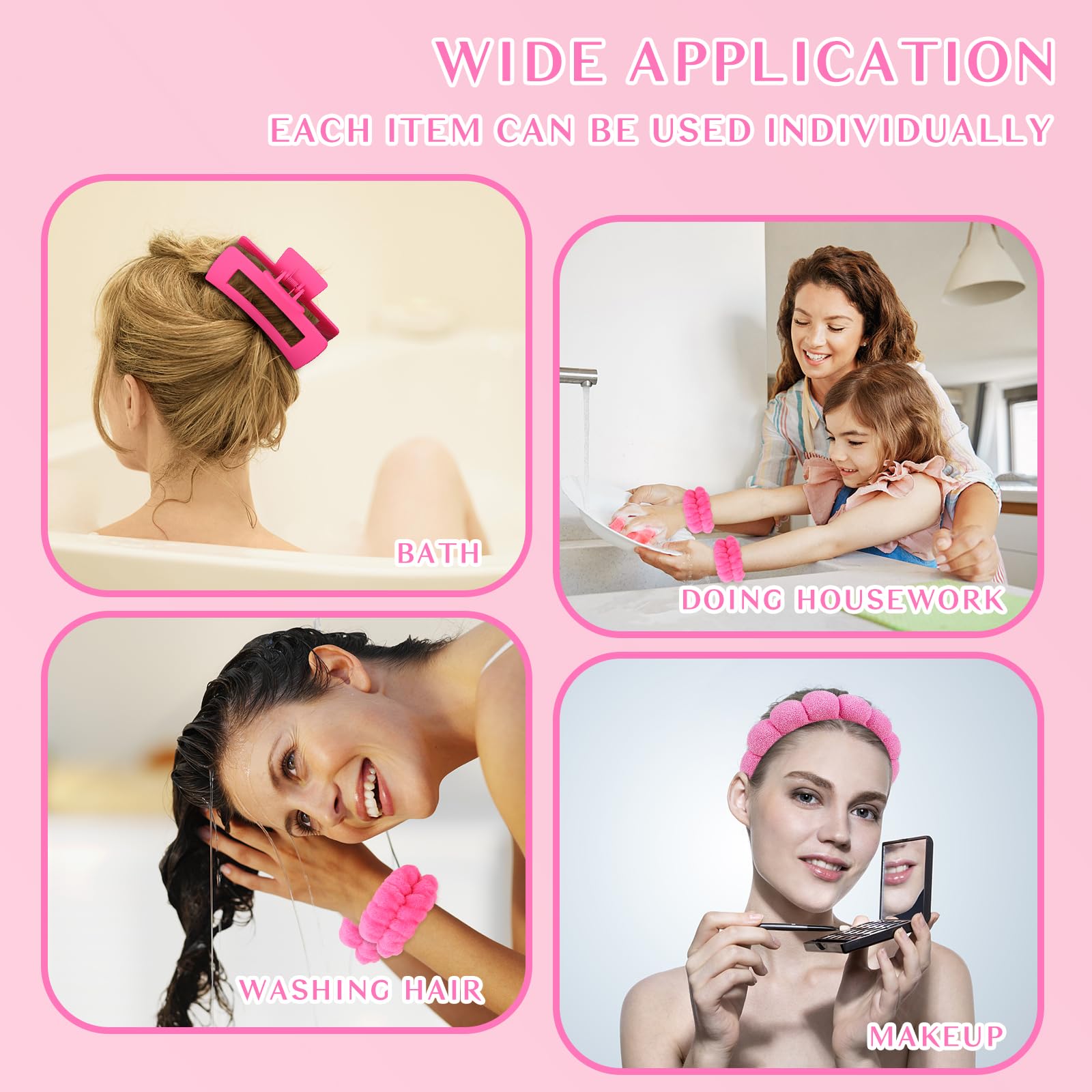 Wecoe Spa Headband And Wristband Set Skincare Headband For Washing Face Hair Claw Clips For Thick Hair Hot Pink Puffy Sponge Mak