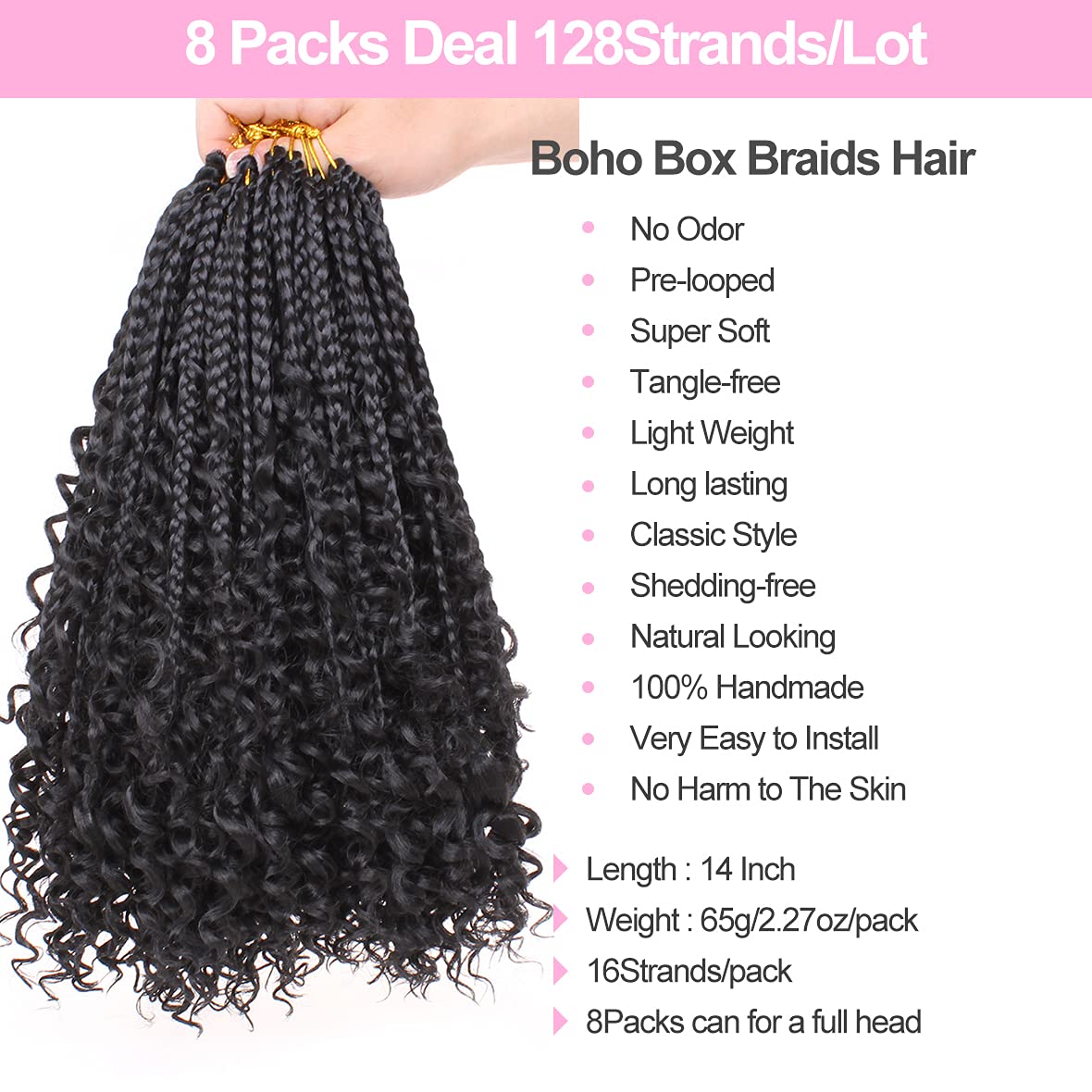 Unionbeauty 8 Packs Boho Box Braids Crochet Hair 14 Inch Messy Goddess Box Braids Crochet Hair Curly Ends Pre-Looped Individual