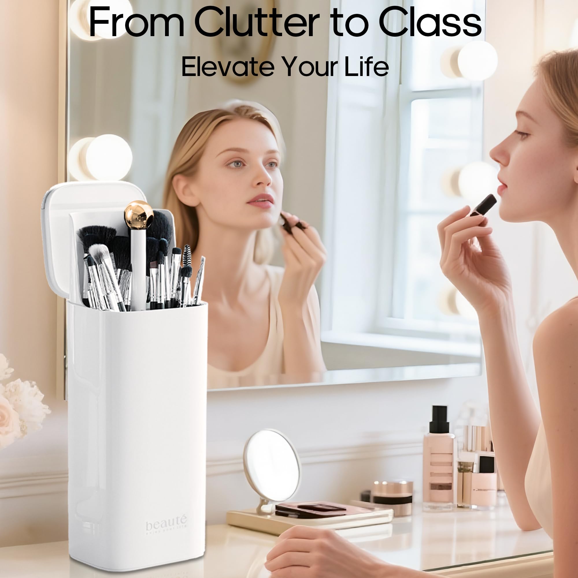 Makeup Brush Holder with Lid Cosmetic Tools Organizer,One Touch Open 4 Slot Makeup Brush Case with Waterproof Dustproof, Cosmeti