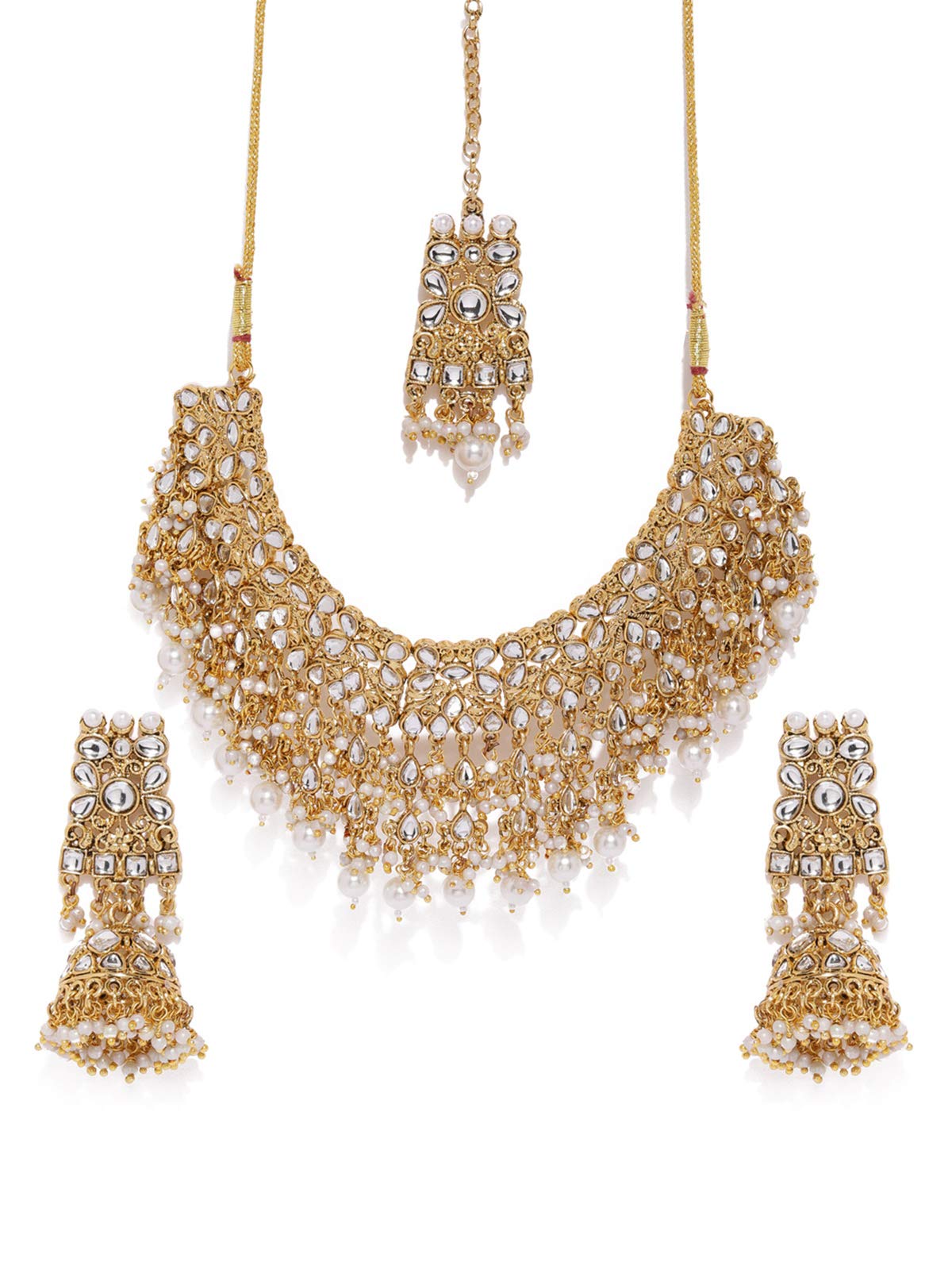 ZAVERI PEARLS Gold Tone Kundan & Pearls Bridal Choker Necklace Set For WomenZPFK8454