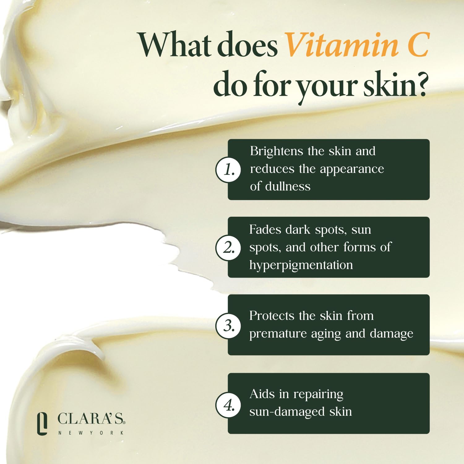 CLARA'S NEW YORK | Brightening Vitamin C Moisturizer Face Cream | with Hyaluronic Acid | Acne Scars Dark Spots Reduce Fine Lines