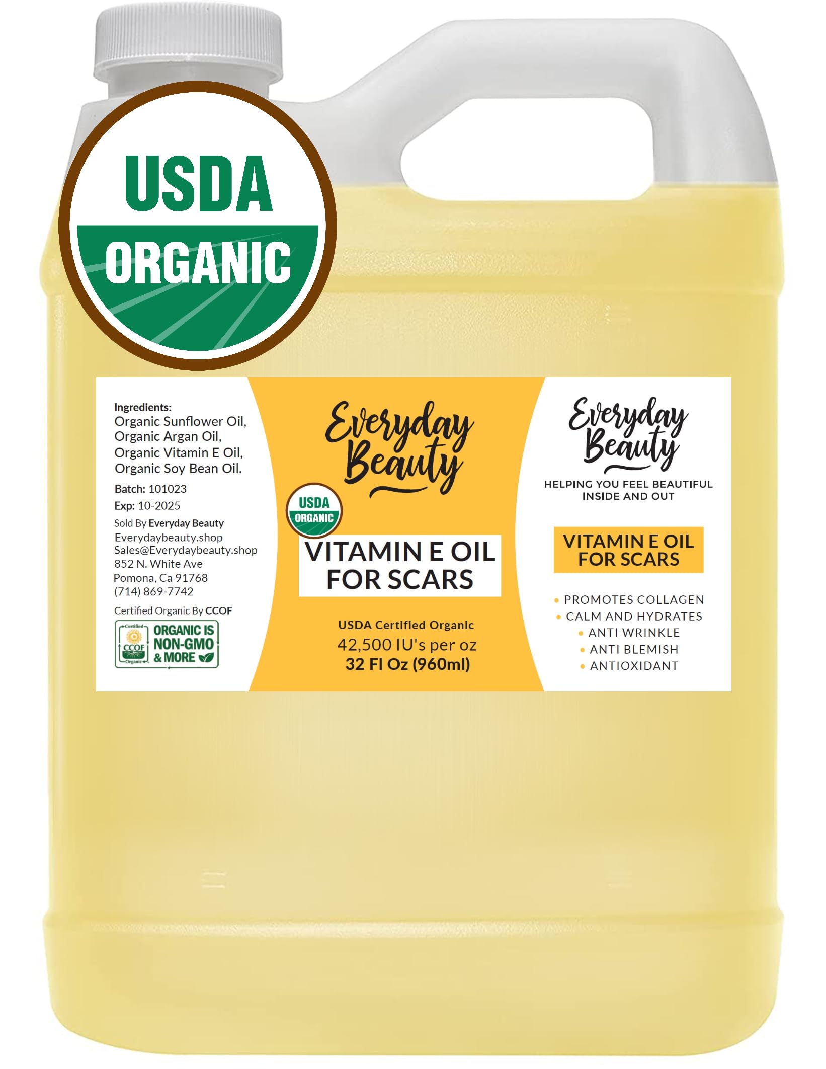 Organic Vitamin E Oil Bulk - 32oz USDA Certified 100% All Natural Plant Based - Light and Unscented Great for Scars After Surger